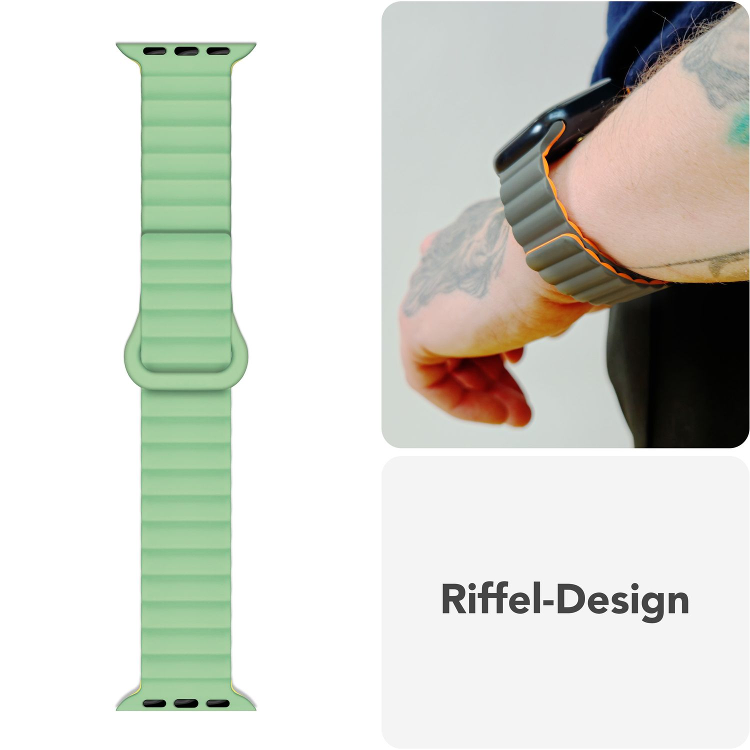 Ein grünes Uhrenarmband an einem Handgelenk und ein Uhrenarmband an der Seite. Der Text lautet: Riffel-Design.