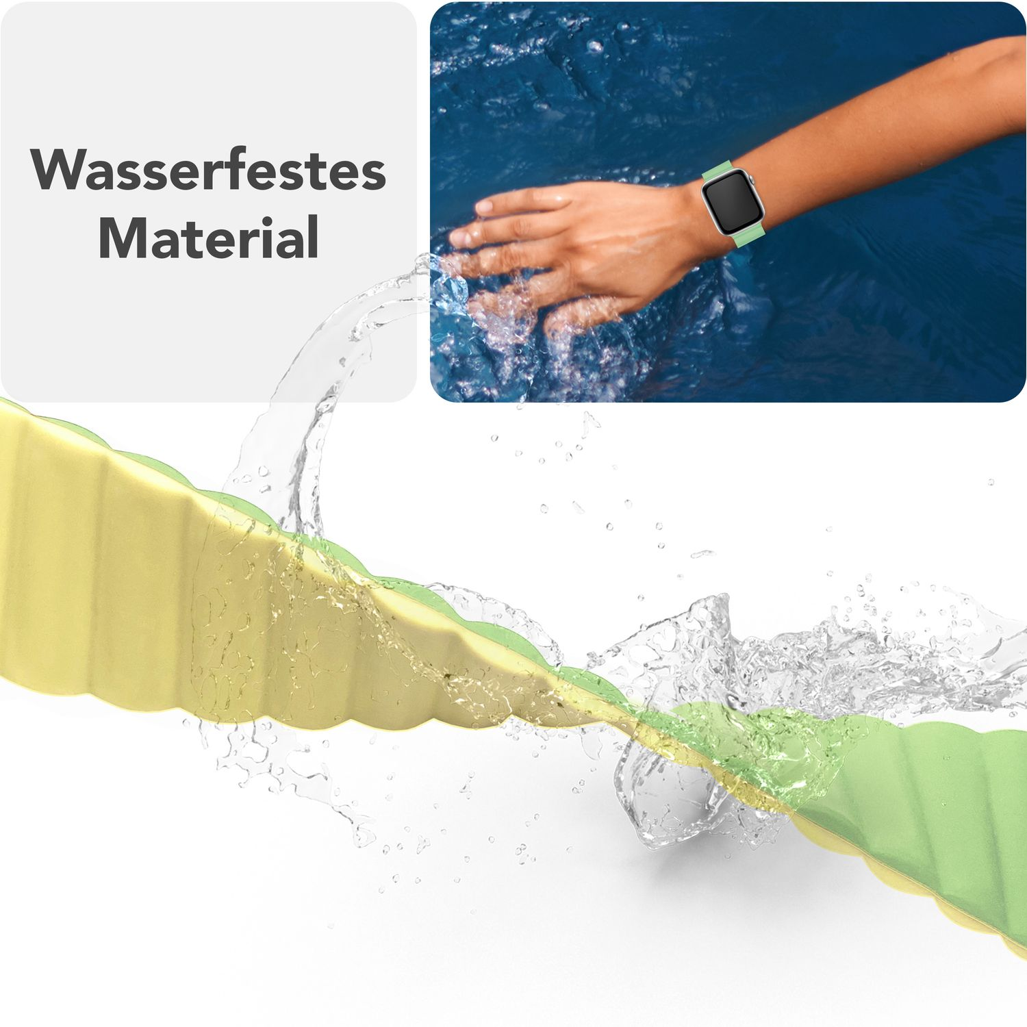Grün-gelbes Uhrenarmband mit Wassertropfen. Text: Wasserdichtes Material. Grüne Uhr am Handgelenk.