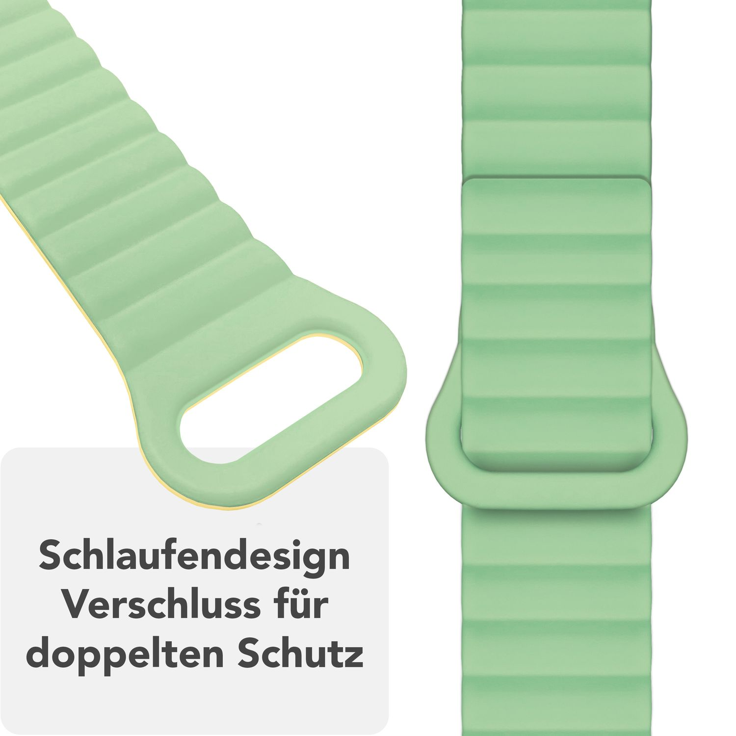 Grünes Uhrenarmband mit Schlaufendesign für doppelten Schutz. Das Band befindet sich auf weißem Hintergrund.
