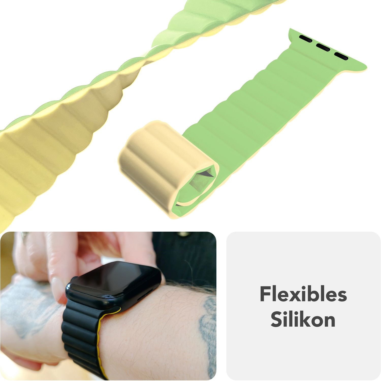 Ein grünes und gelbes Uhrenarmband. Der Text lautet: Flexibles Silikon. Eine Person trägt eine Uhr.