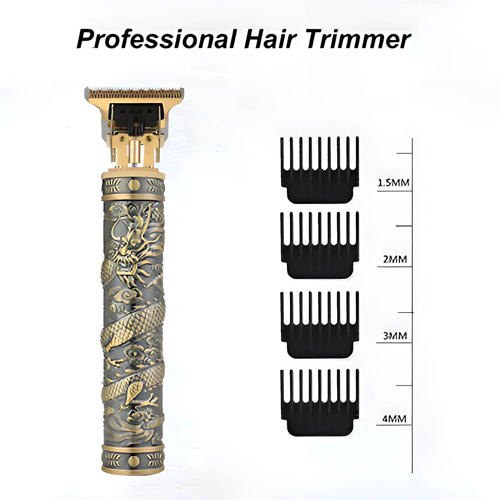 Ein gold-schwarzer Haarschneider mit Aufsätzen. Die Aufsätze haben Größen: 1,5 mm, 2 mm, 3 mm, 4 mm.