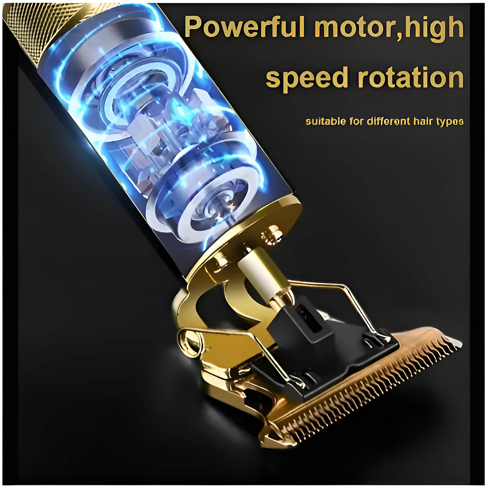 Nahaufnahme einer Haarschneidemaschine mit starkem Motor. Text: Leistungsstarker Motor, Hochgeschwindigkeitsrotation.