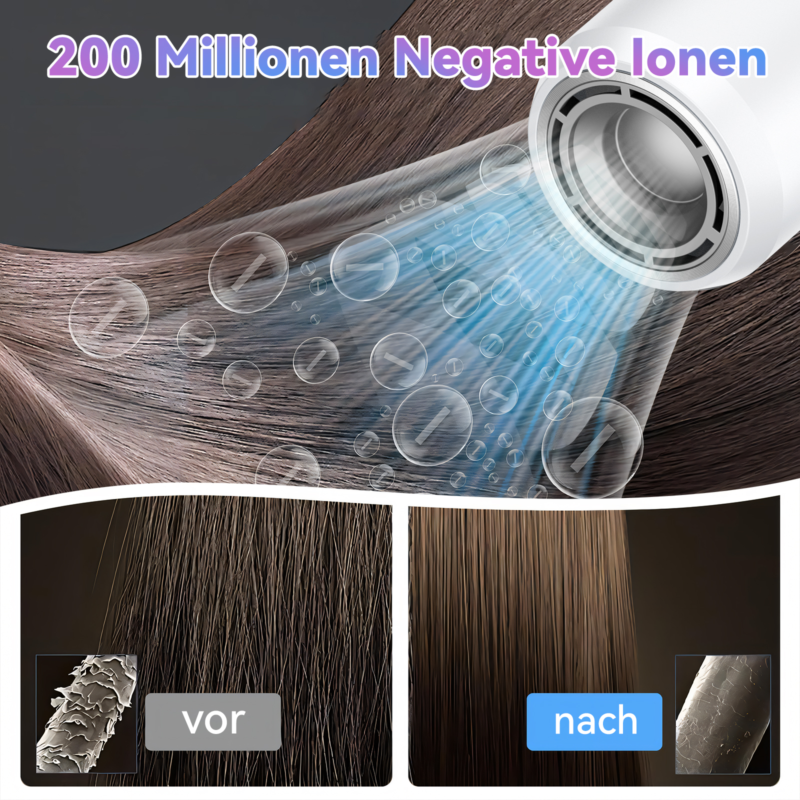 Ein Fön trocknet Haare. Vorher- und Nachher-Bilder zeigen Haarschäden und Verbesserung.