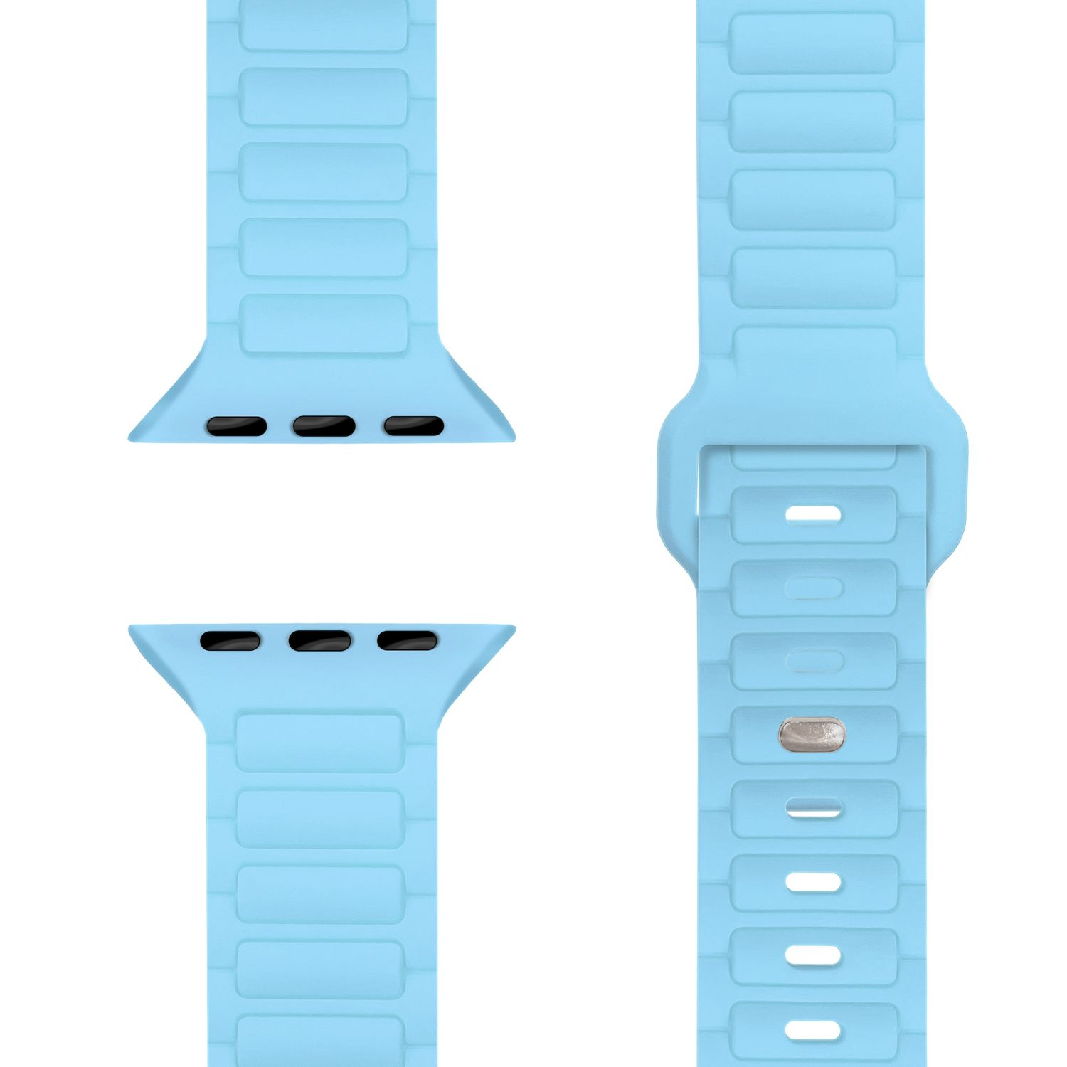 Hellblaue Apple Watch Armbandkomponenten, Design und Anschlüsse zeigend.