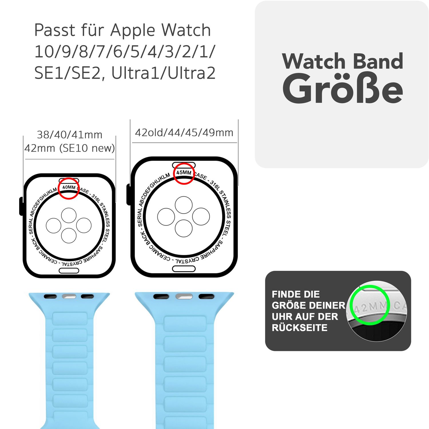 Diagramm mit Größen für Apple Watch-Armbänder. Es zeigt die Größen 38/40/41 und 42/44/45/49 mm.