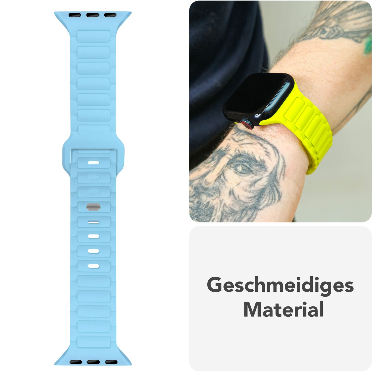 Hellblaues Uhrenarmband und ein Handgelenk mit gelbem Armband. Text: 'Geschmeidiges Material'.