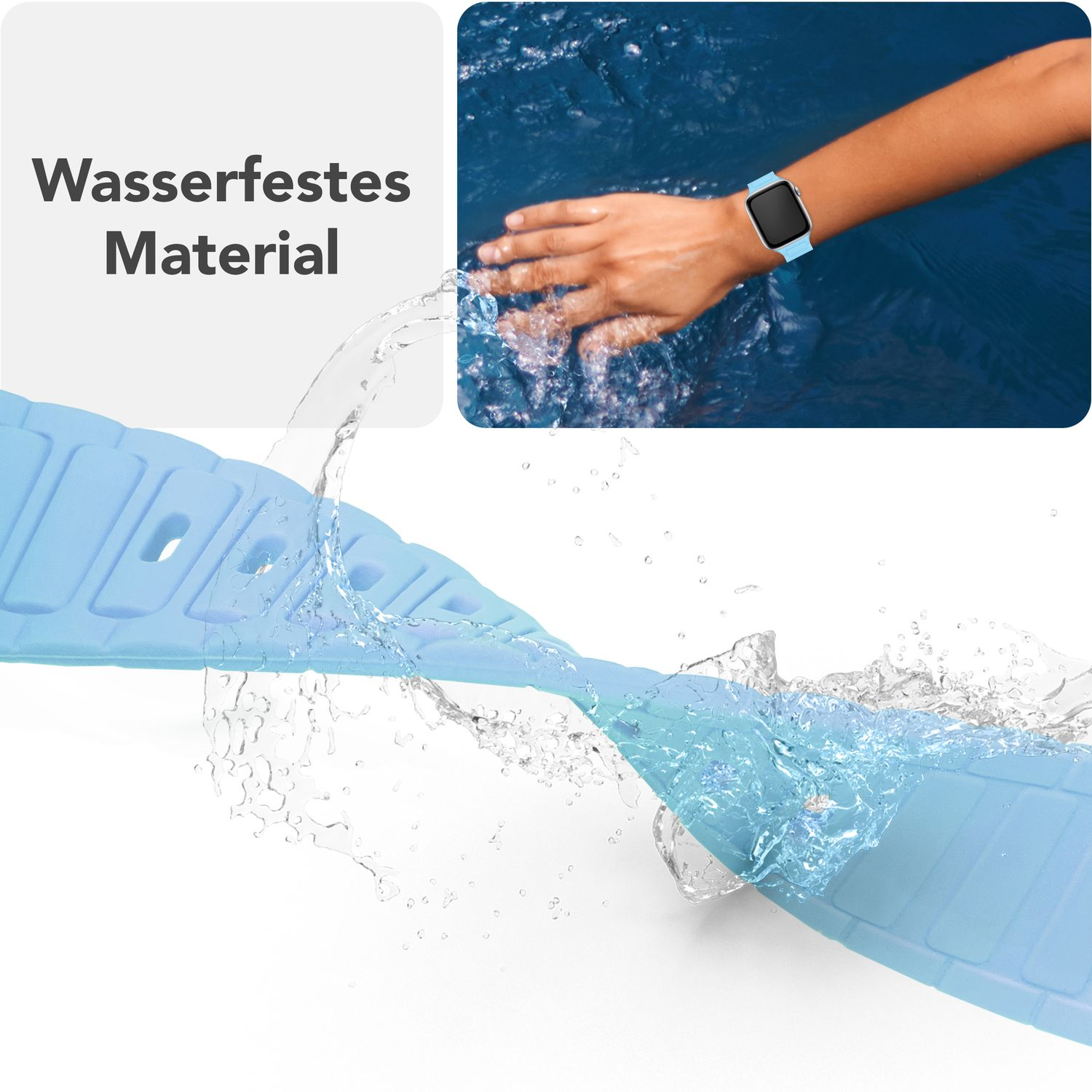 Wasser spritzt auf ein hellblaues Armband und demonstriert seine Wasserdichtigkeit.