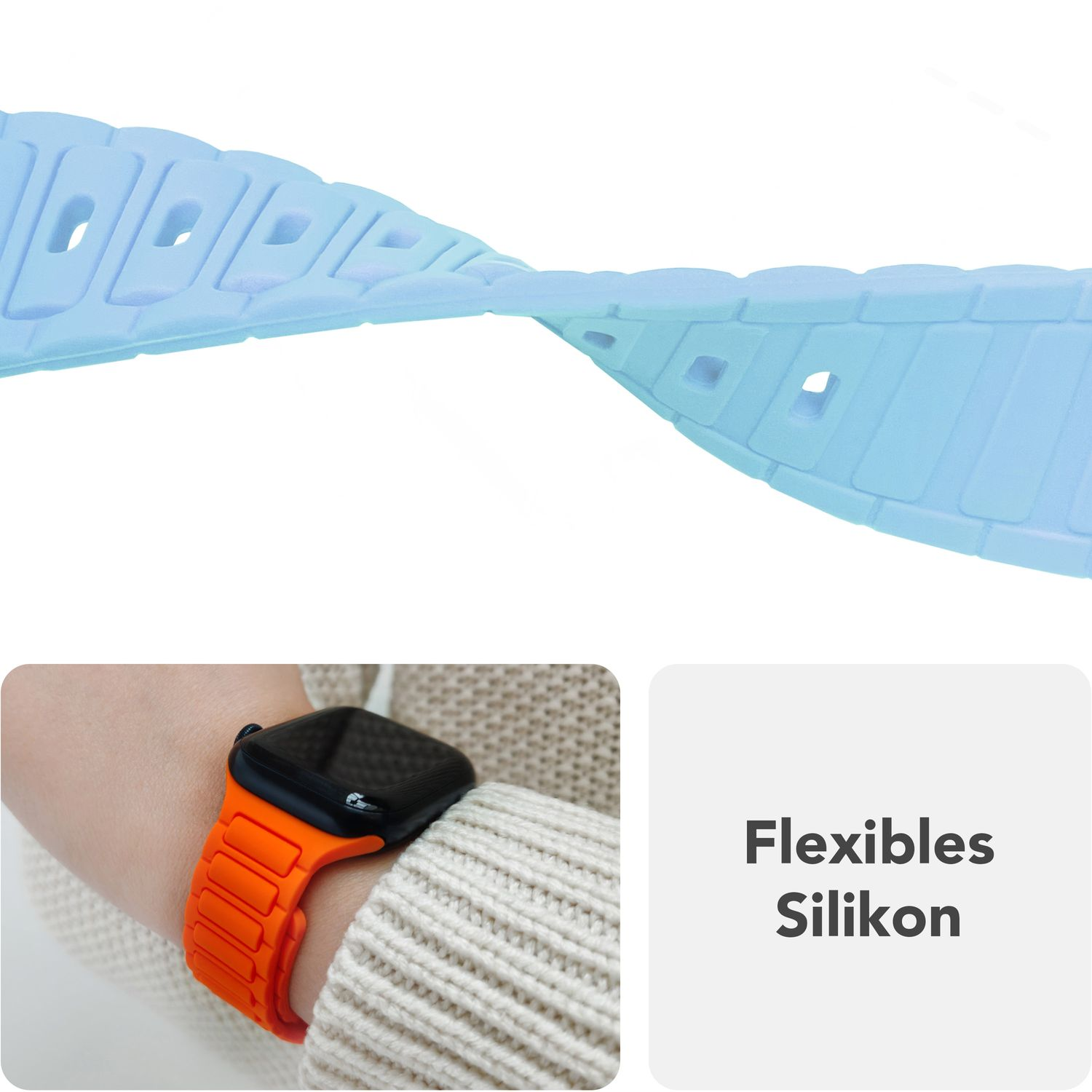 Hellblaues, flexibles Silikon-Uhrenarmband ist gebogen. Ein orangefarbenes Uhrenarmband ist am Handgelenk mit der Uhr.