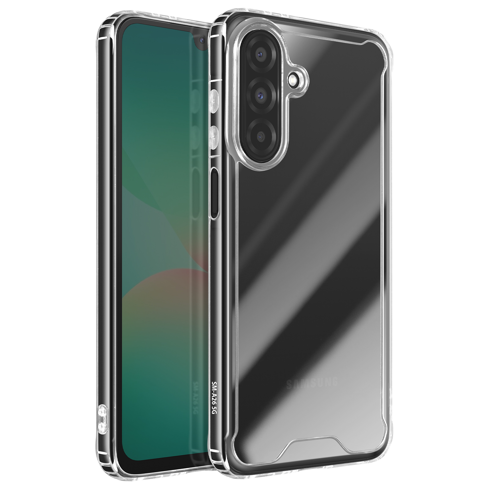 Custodia trasparente per telefono su un telefono. Il telefono ha uno schermo nero e un rigonfiamento della fotocamera. La custodia è trasparente.