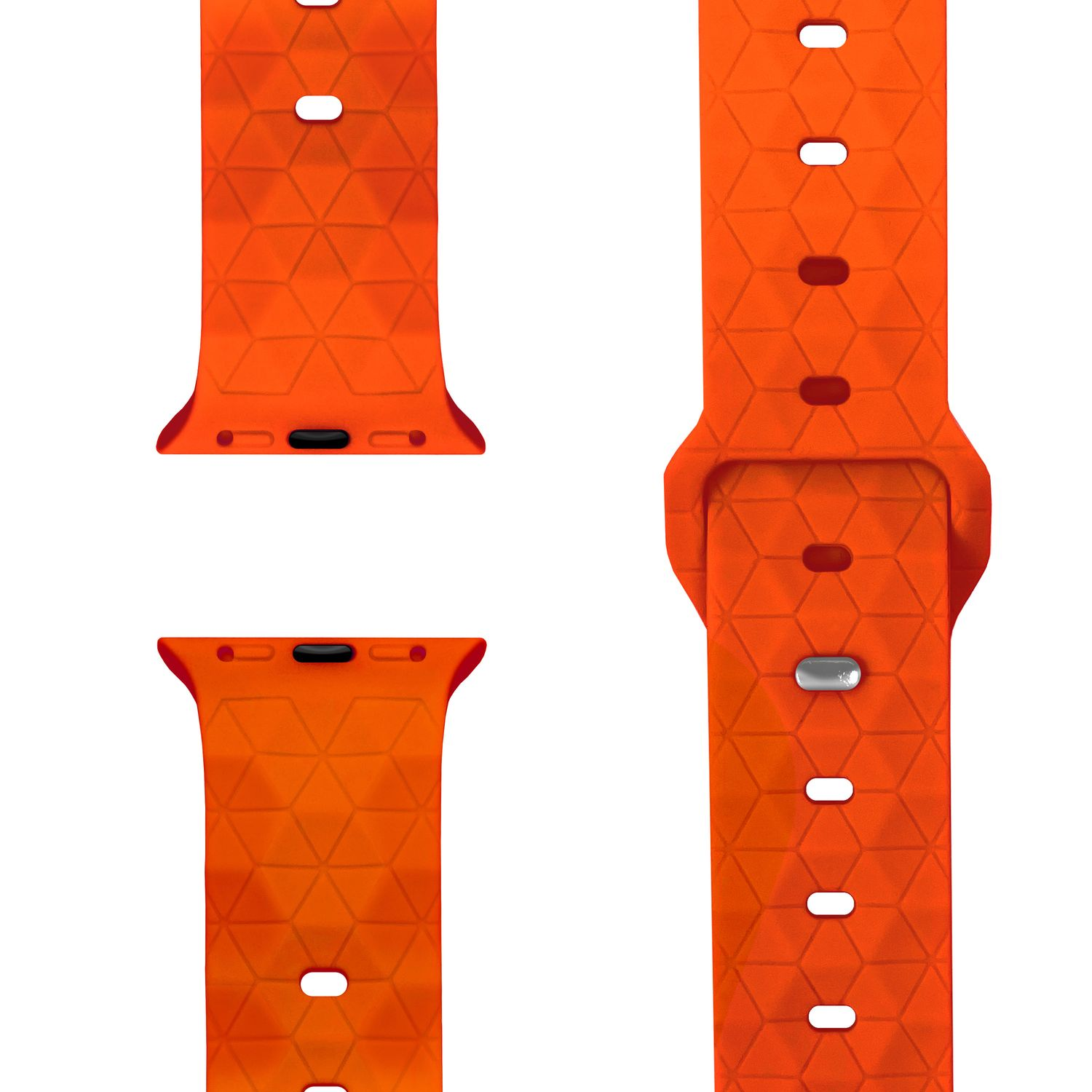 Orangene Uhrenarmbandsegmente mit geometrischem Muster. Das Uhrenarmband wird im Detail gezeigt.