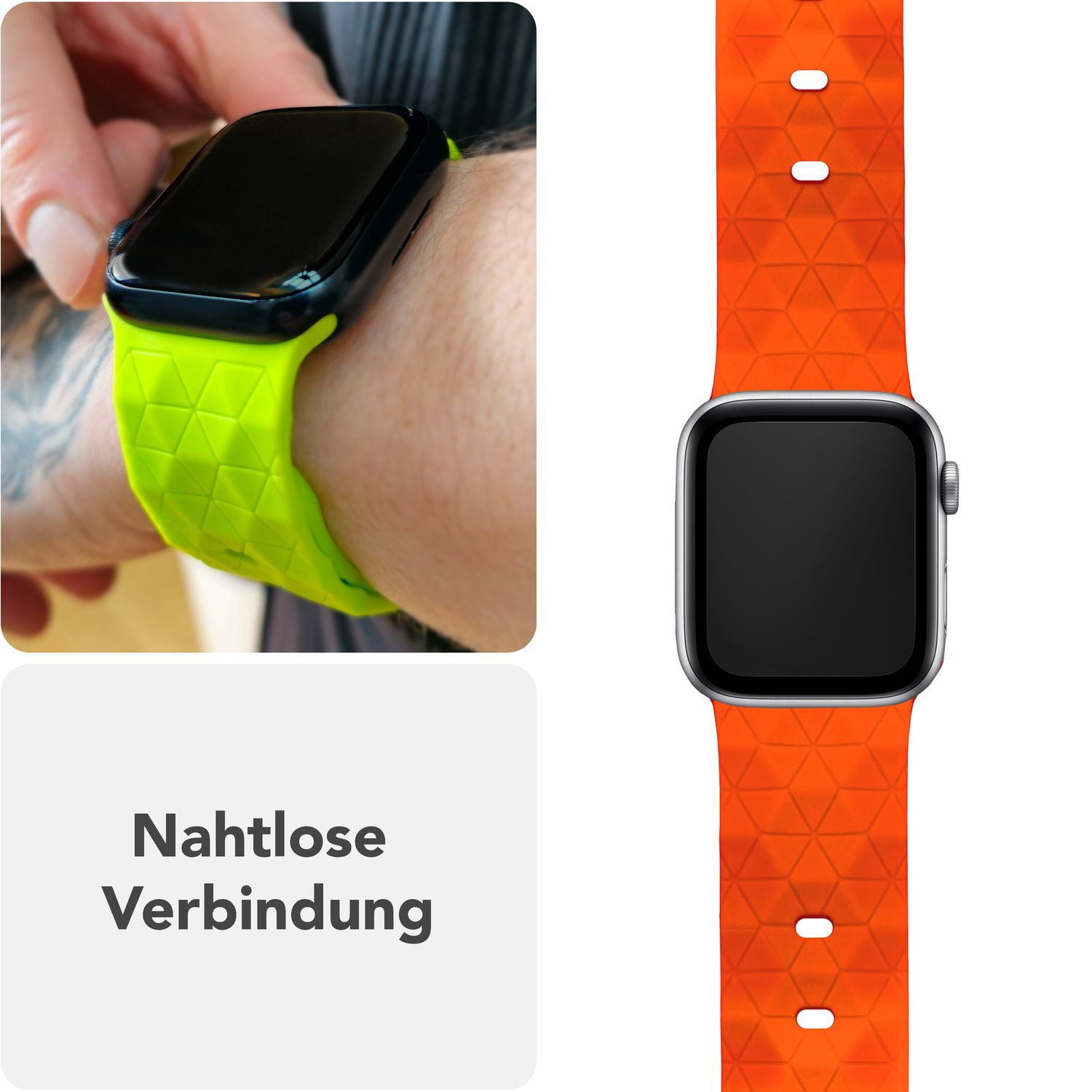 Eine Uhr am Handgelenk mit grünem Armband. Ein Uhrenarmband wird separat gezeigt. Text: „Nahtlose Verbindung“.