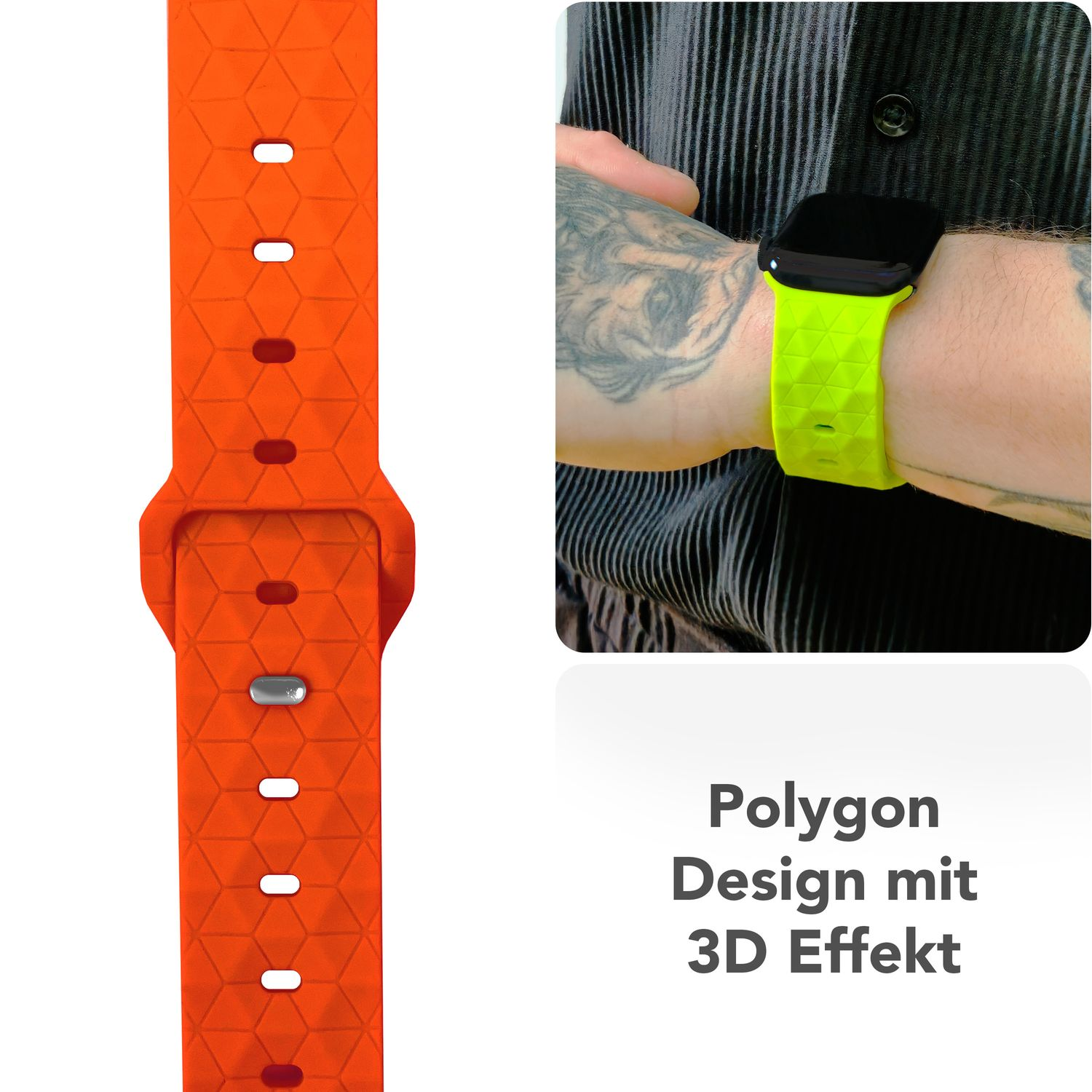 Orangenes Uhrenarmband, sowohl am Handgelenk als auch separat. Das Band hat ein Polygondesign mit 3D-Effekt.