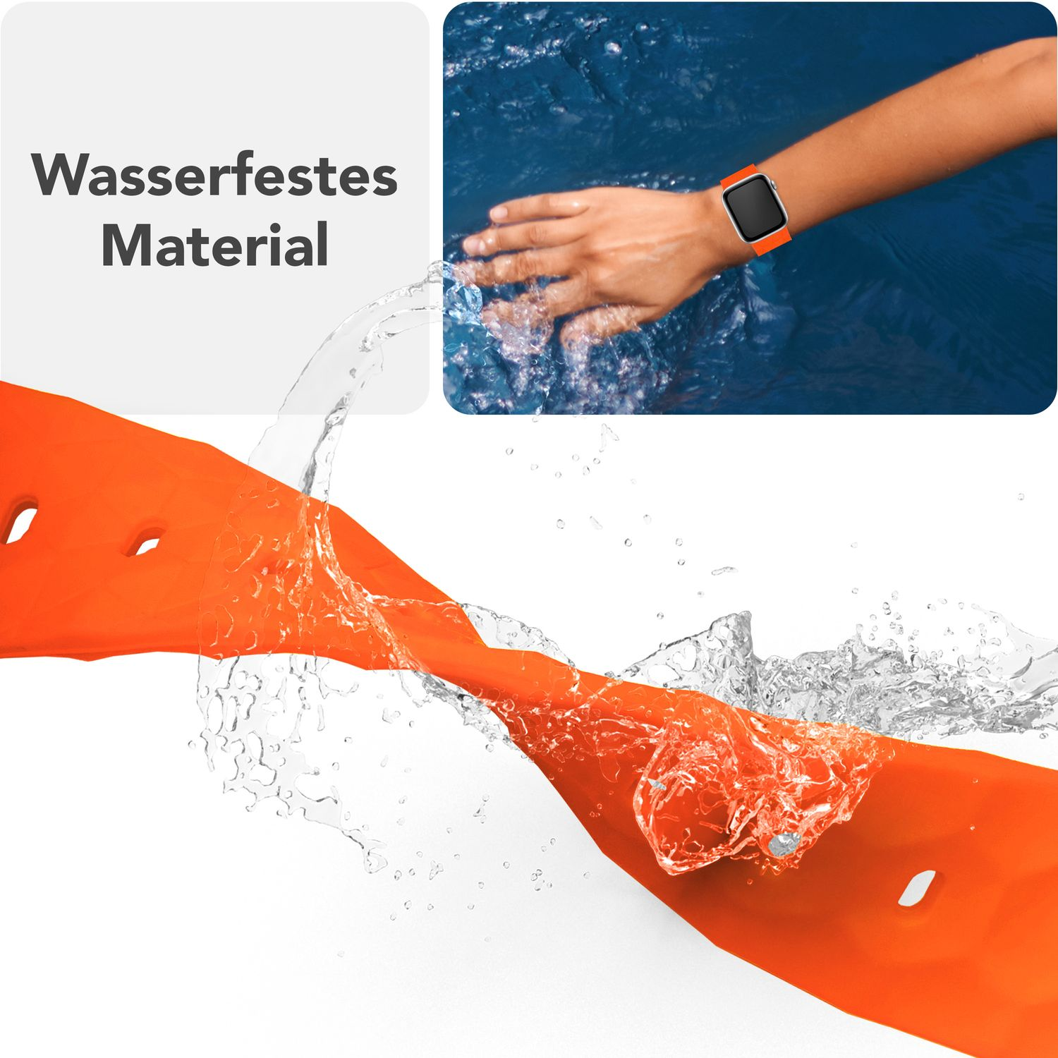 Orangenes Uhrenarmband mit Spritzwasser. Eine Uhr befindet sich an einem Handgelenk, das in Wasser getaucht ist. Text: „Wasserdichtes Material“.