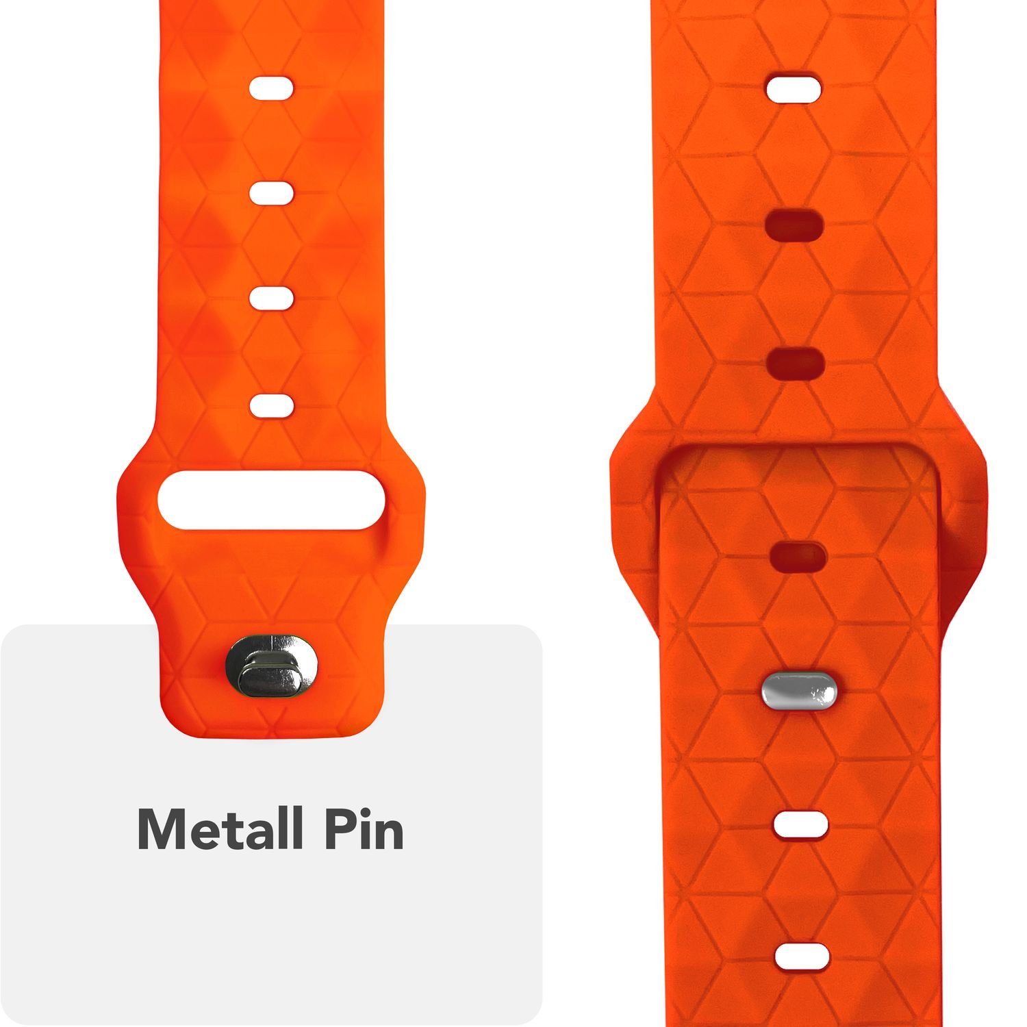 Nahaufnahme eines orangenen Uhrenarmbands mit Metallstift. Das Band hat Löcher und ein geometrisches Design.