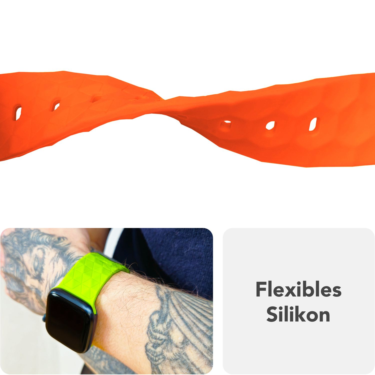 Oranges Uhrenarmband mit flexiblem Silikondesign. Ein Handgelenk hat ein grünes Armband. Text: 'Flexibles Silikon'.