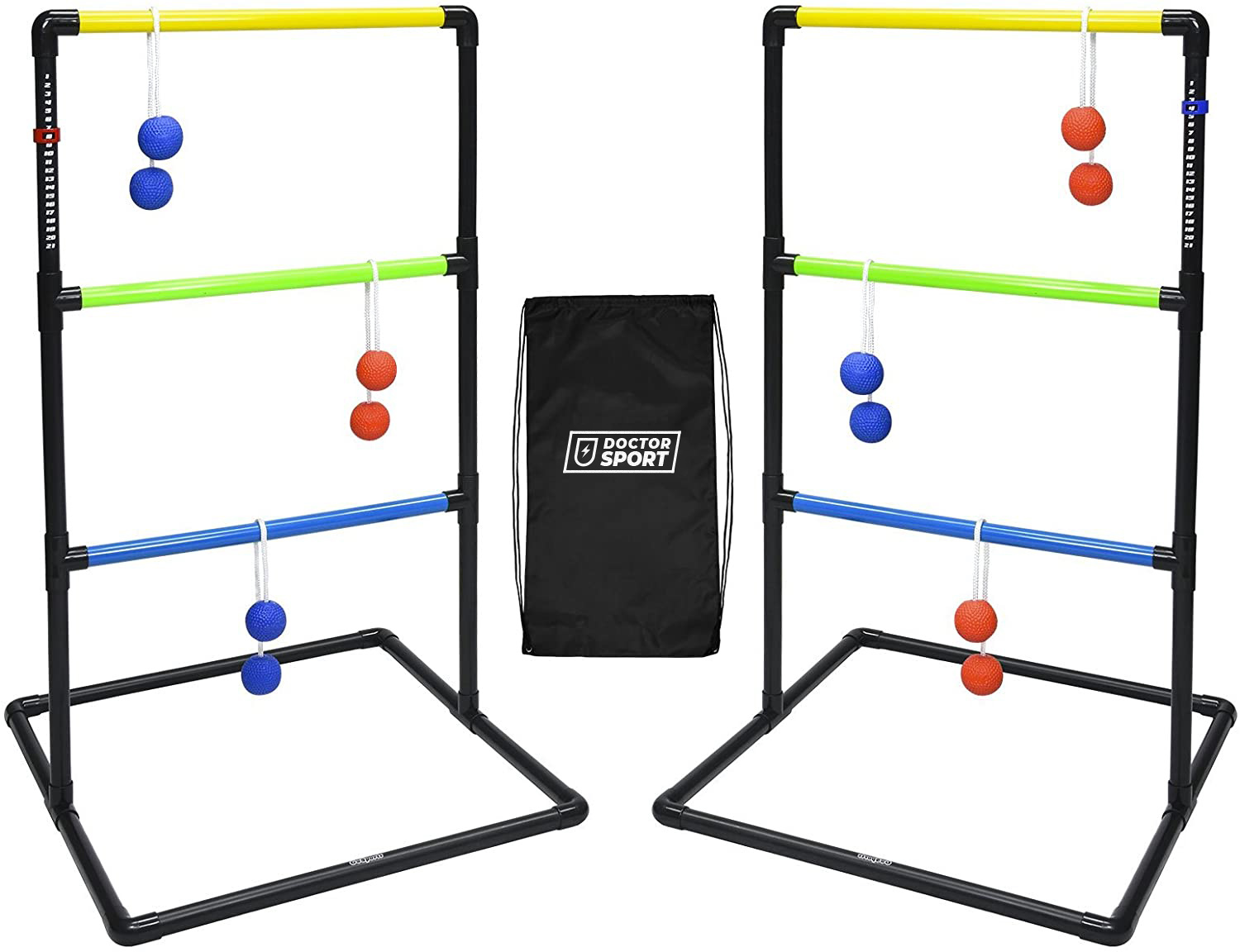 Leiterwurfspiel mit blauen und roten Bällen. Zwei schwarze Rahmen mit farbigen Stangen. Schwarze Tasche.