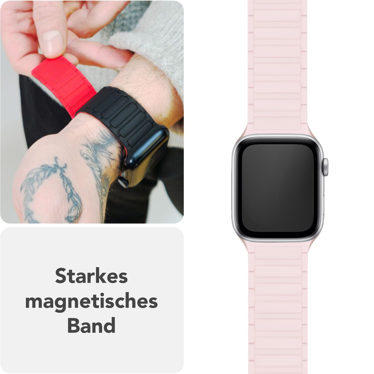 Eine Person, die eine Uhr mit rotem und schwarzem Armband trägt, daneben ein rosa Armband.