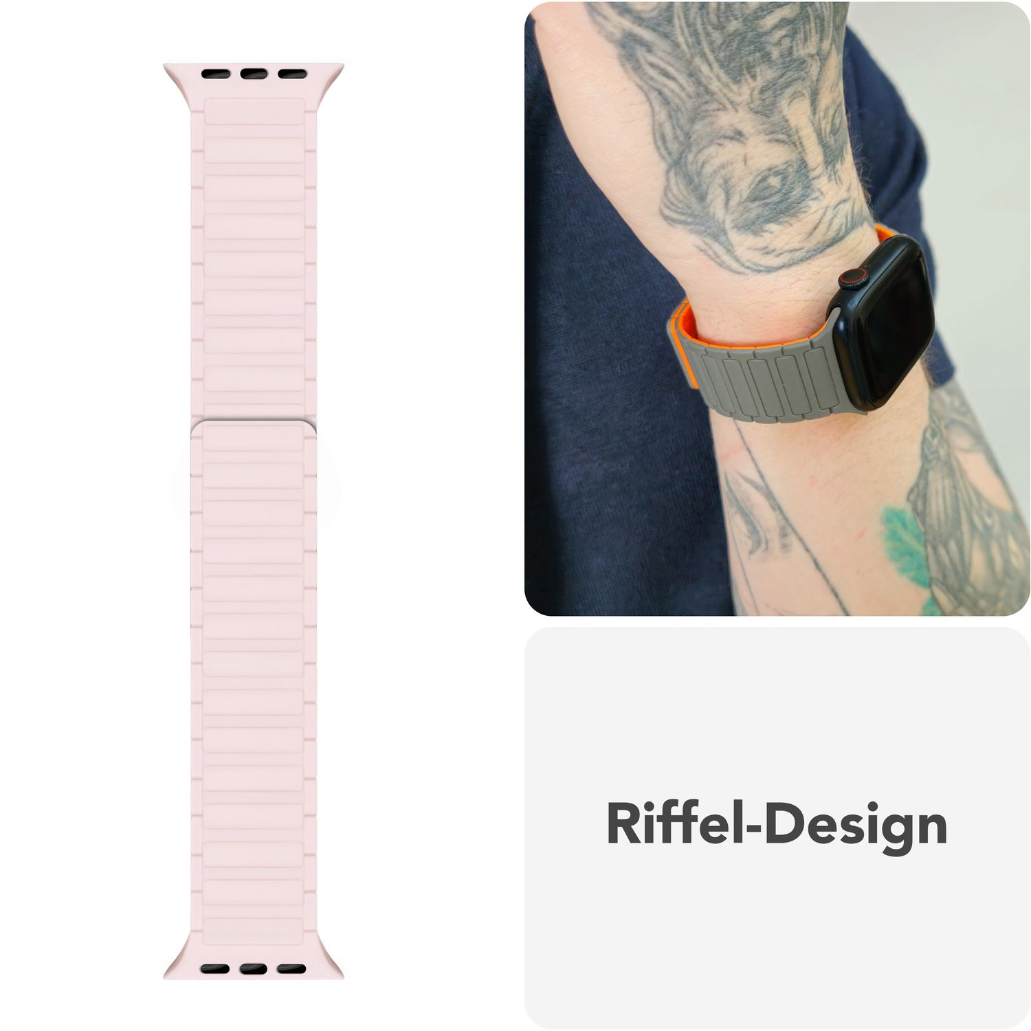 Ein hellrosa Uhrenarmband mit Rippendesign. Rechts ist ein Arm mit Uhr zu sehen.