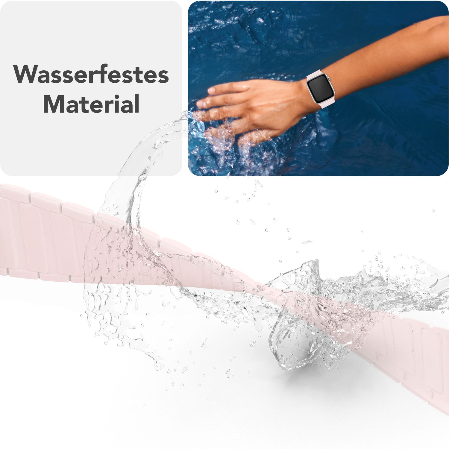 Das Handgelenk einer Frau mit einer weißen Uhr. Wasser spritzt über das Uhrenarmband. Es ist ein rosa Band.