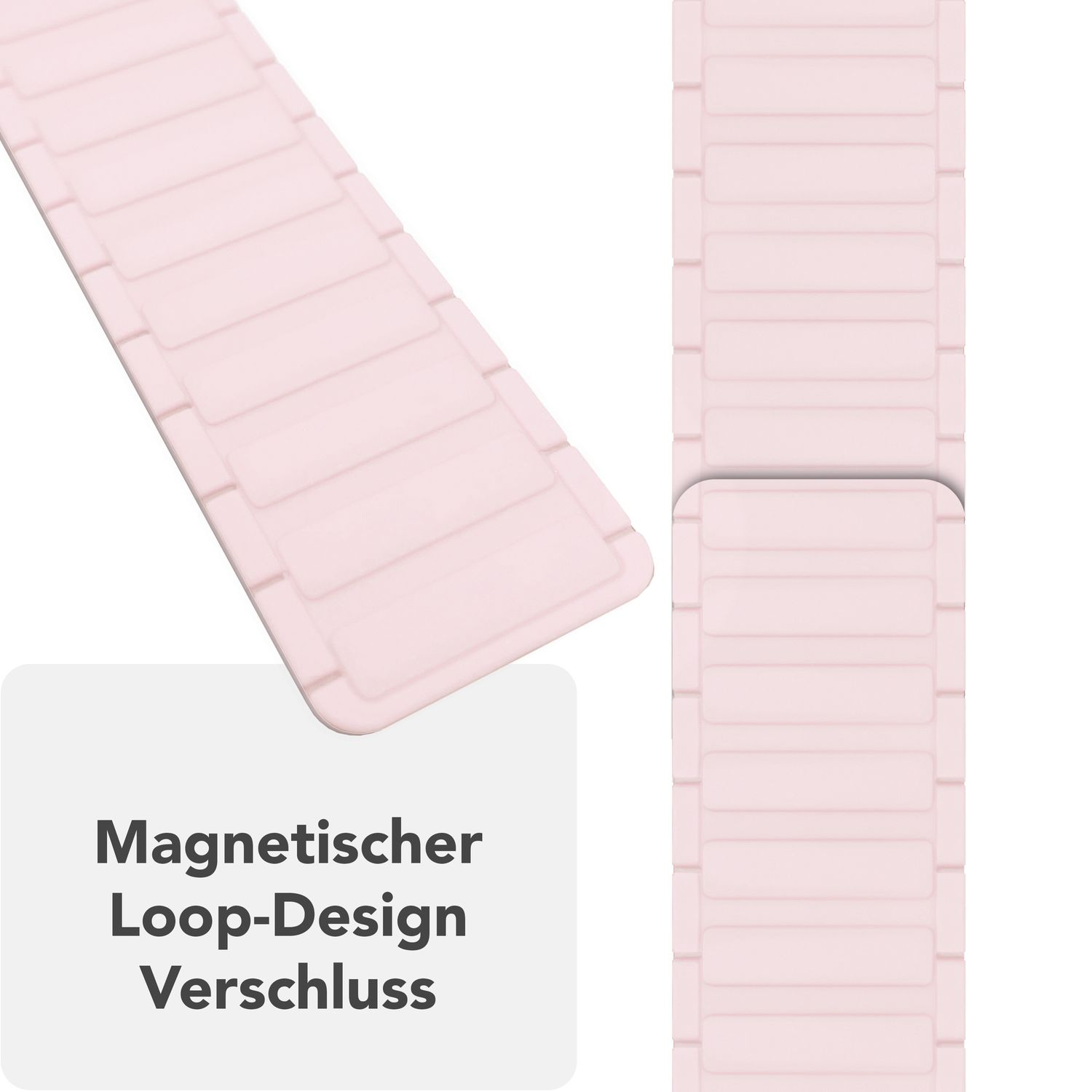 Rosa Uhrenarmbänder mit magnetischem Loop-Design, in Nahaufnahme und schräger Ansicht.