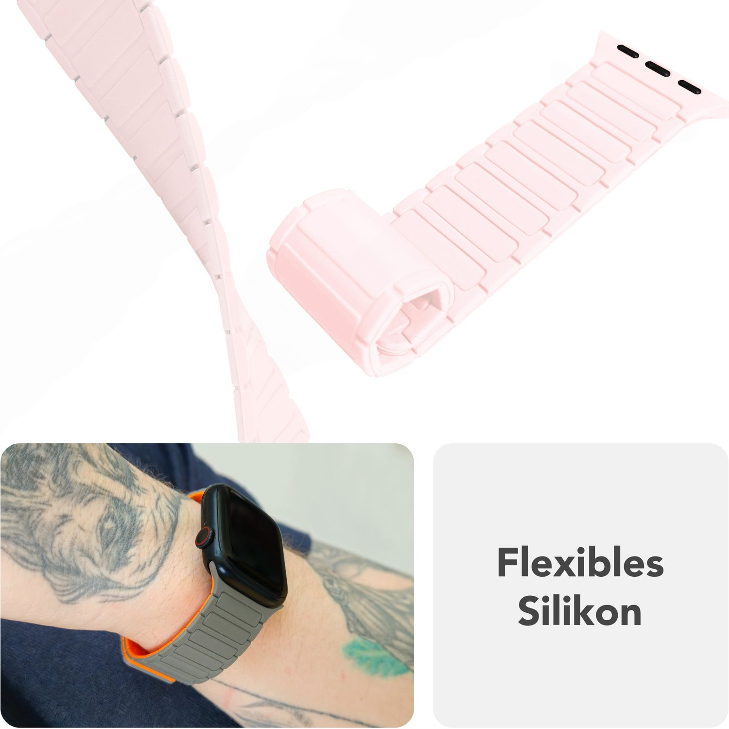 Ein rosa flexibles Uhrenarmband, teilweise aufgerollt, und ein Handgelenk mit grauem Band und orangefarbenem Rand.