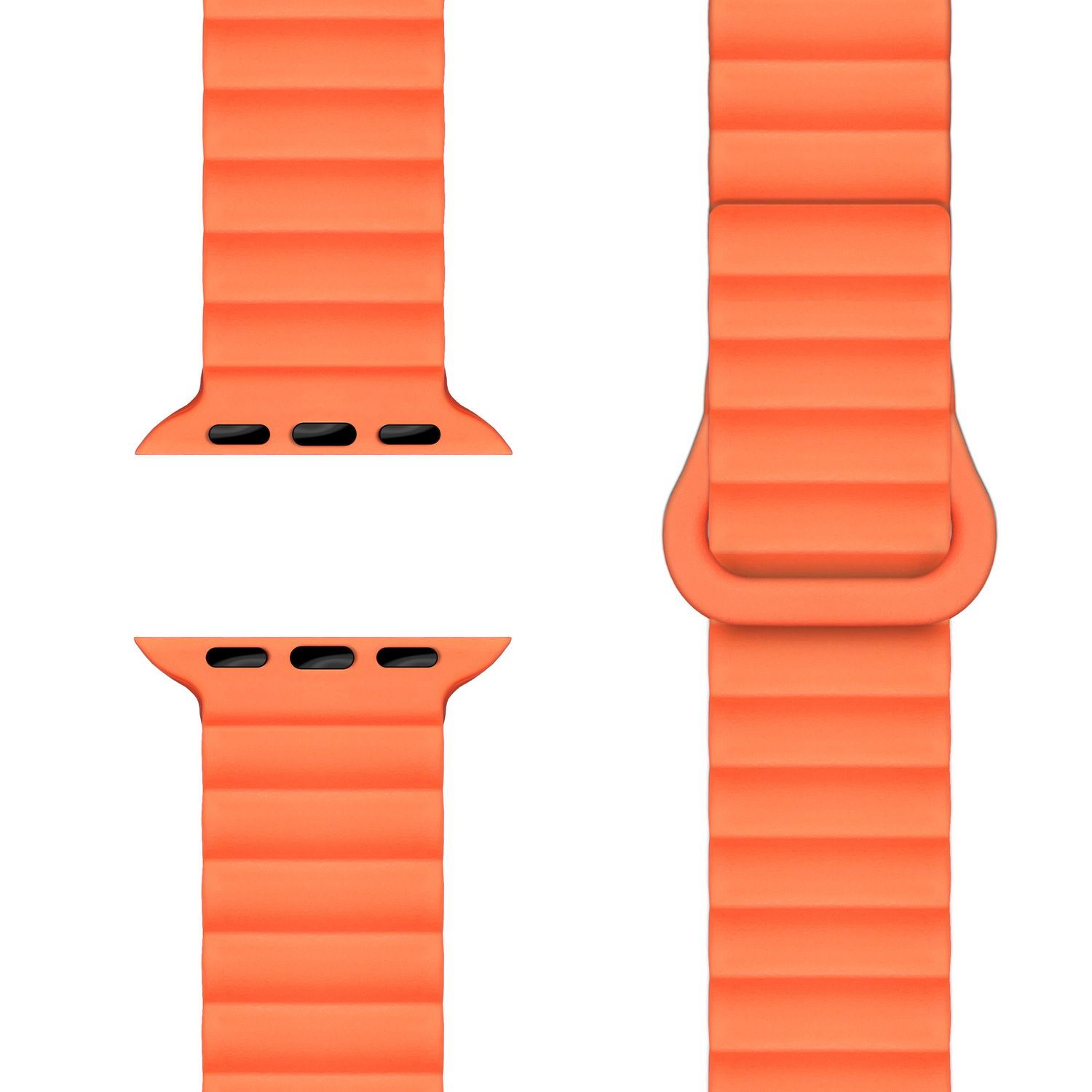 Drei orangefarbene Uhrenarmbänder auf weißem Hintergrund. Sie haben ein geripptes Muster.
