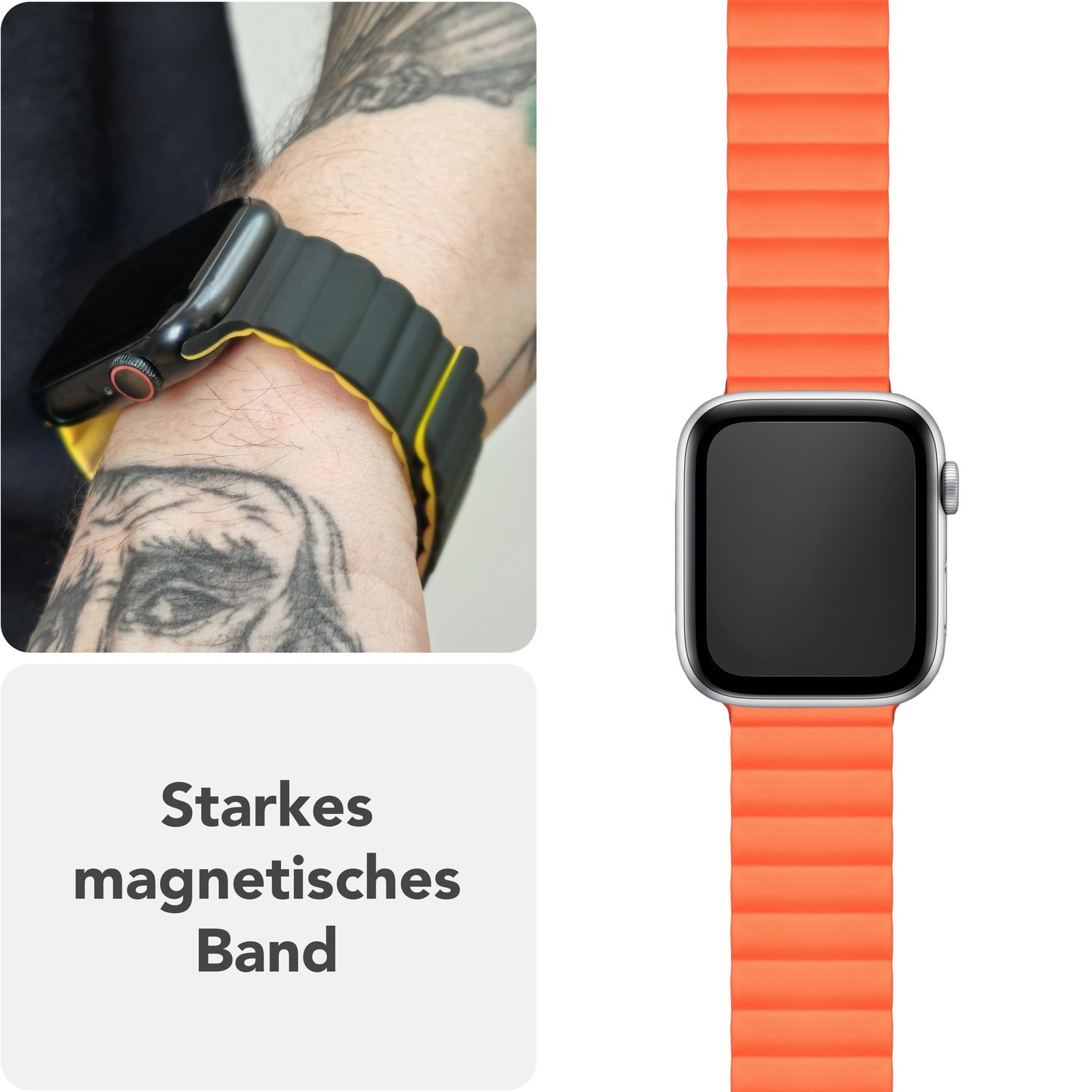 Eine Person, die ein orangefarbenes Uhrenarmband mit schwarzer Uhr trägt, neben dem Band.