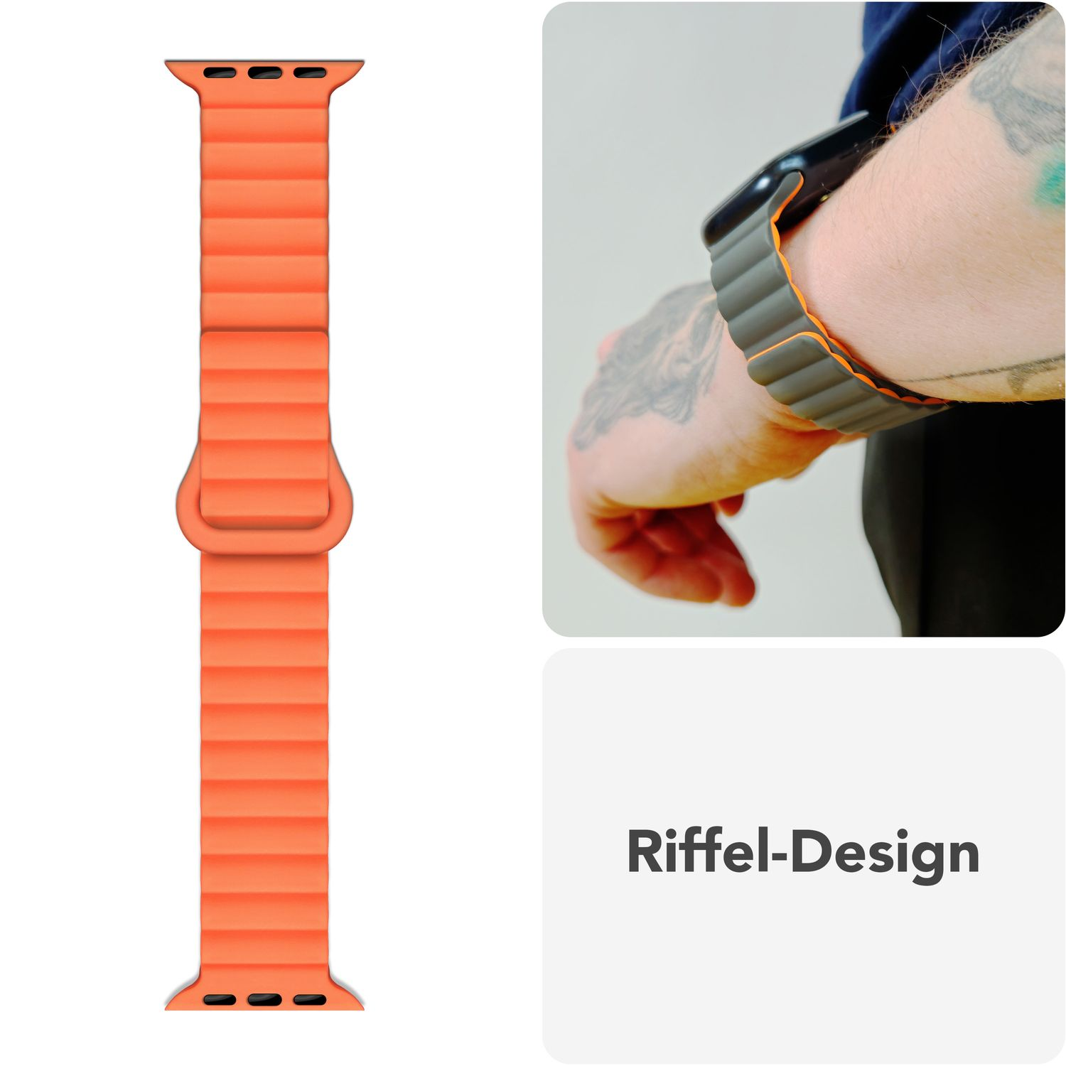 Oranges geriffeltes Uhrenarmband, abgenommen und an einem Handgelenk. Der Hintergrund ist weiß.