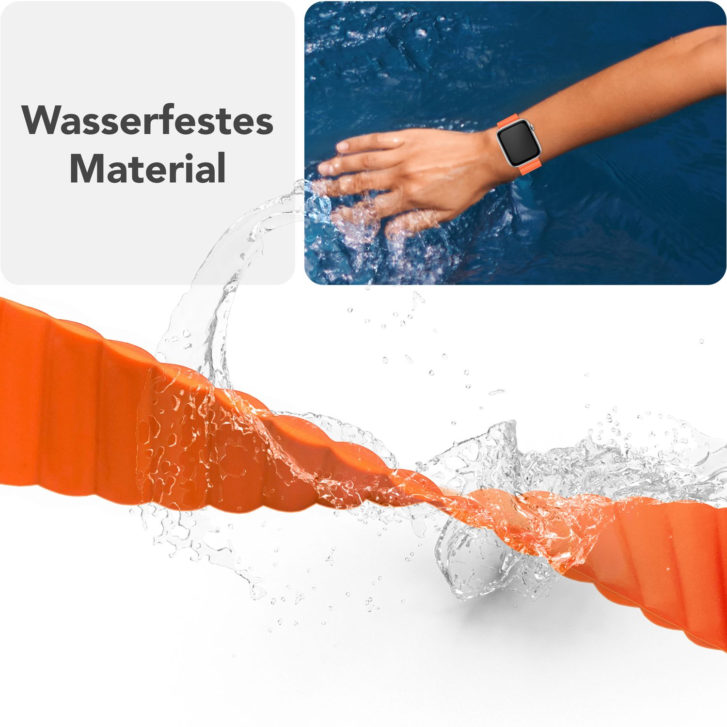 Ein orangefarbenes Uhrenarmband wird mit Wasser bespritzt. Eine Person trägt eine Uhr im Wasser.