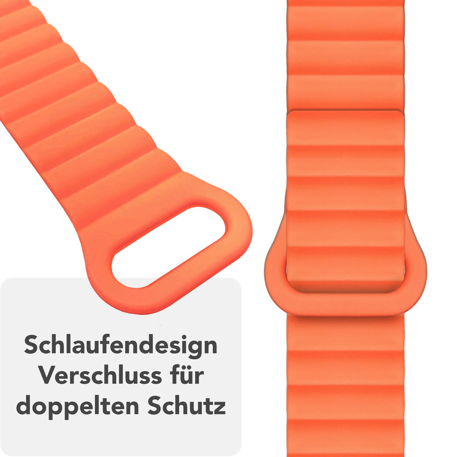 Orangenes Uhrenarmband mit strukturierter Oberfläche, zweiteilig, mit Verschluss und Schlaufe.
