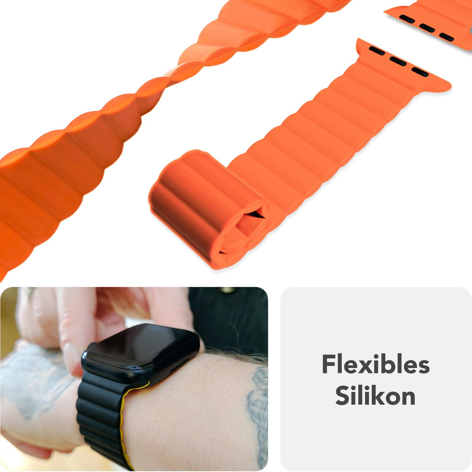 Flexibles oranges Silikon-Uhrenarmband, gefaltet und getragen, mit schwarzer Uhr am Handgelenk.