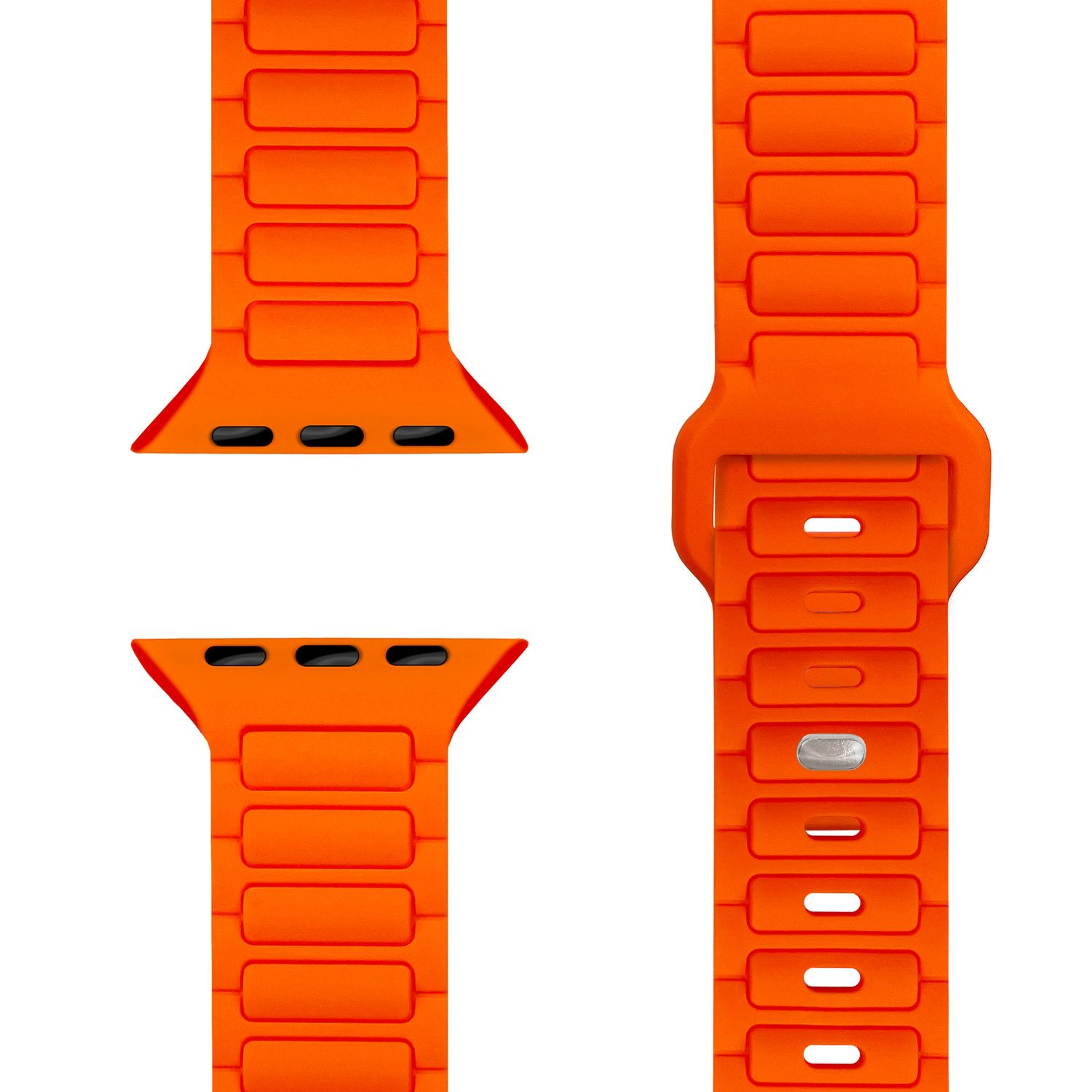 Drei Teile eines orangefarbenen Uhrenarmbands, mit Rippenmuster und Magnetverschluss.