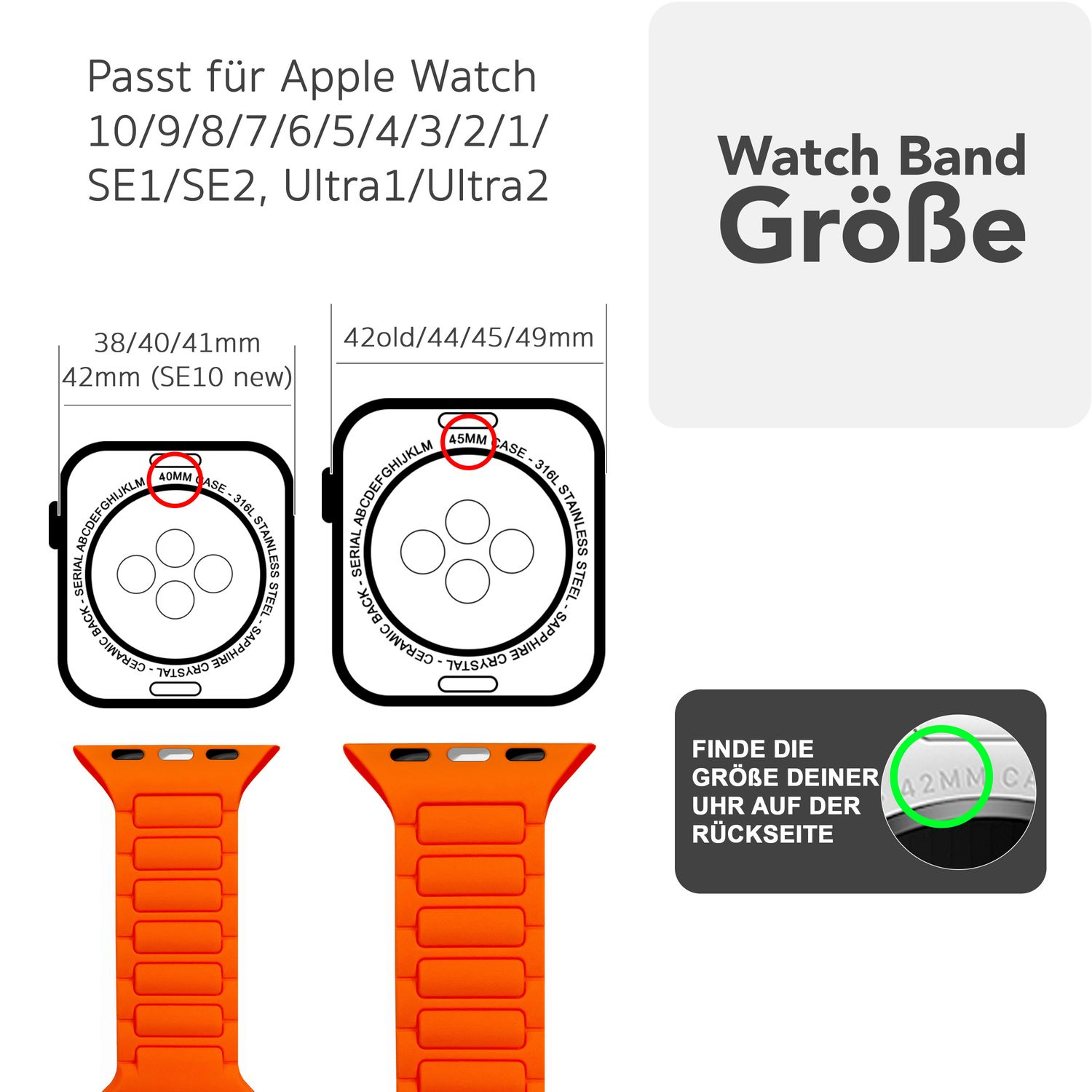 Ein orangefarbenes Uhrenarmband. Es gibt Bilder, die die Uhrenarmbandgrößen und deren Messstellen zeigen.