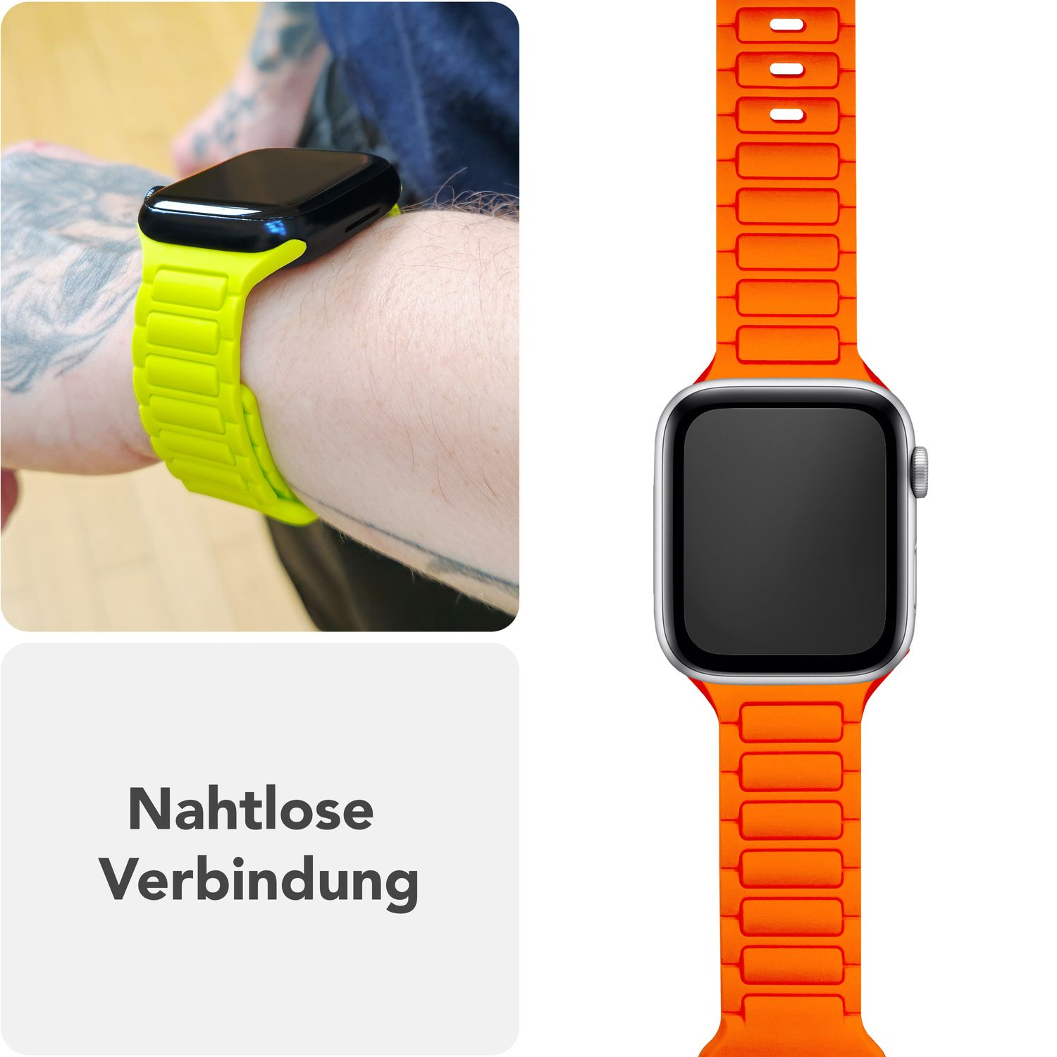 Oranges Apple Watch-Armband. Das Armband befindet sich rechts. Das Armband befindet sich am Handgelenk einer Person links.