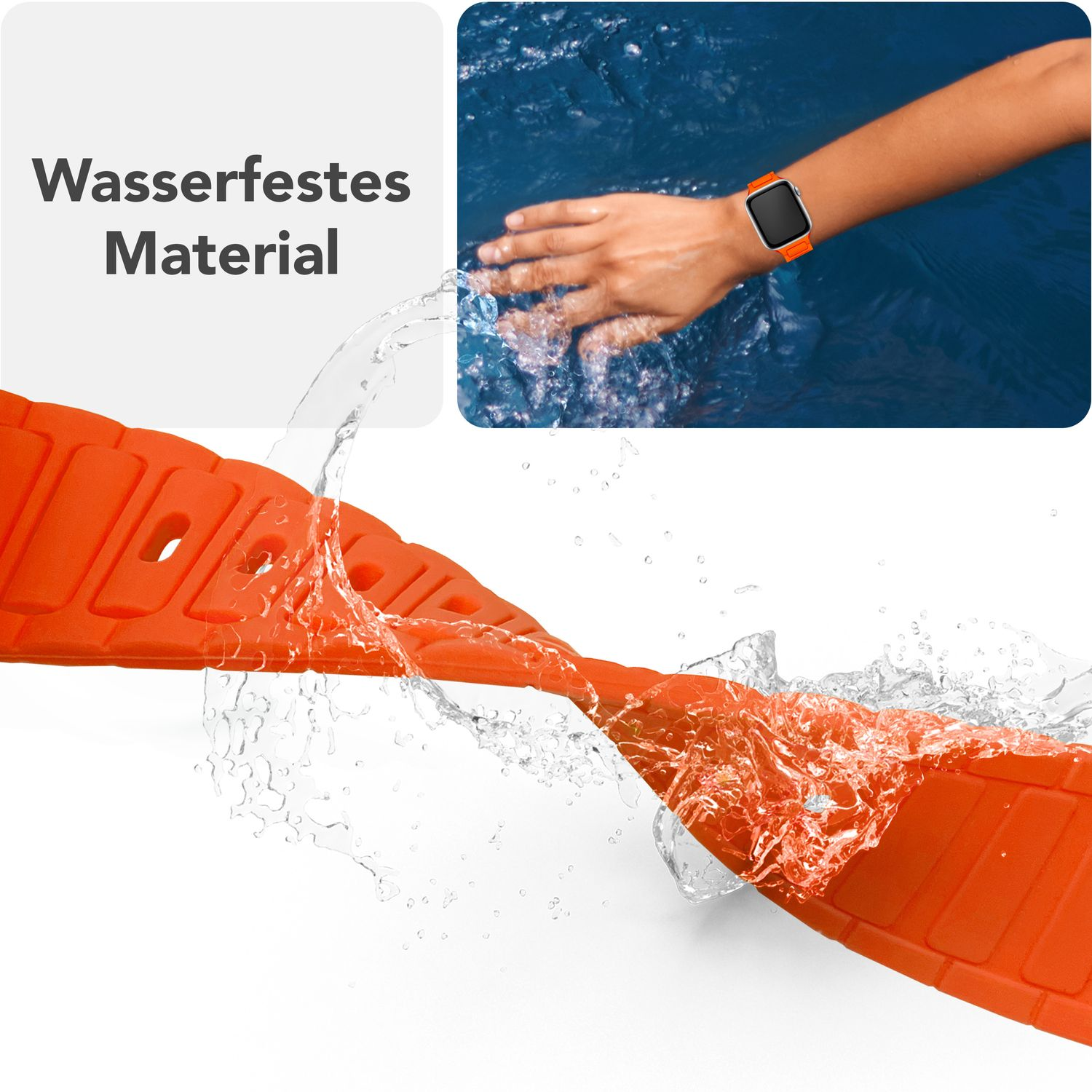 Ein oranges Uhrenarmband. Wasser spritzt über das Armband und das Handgelenk einer Person mit einer Uhr.