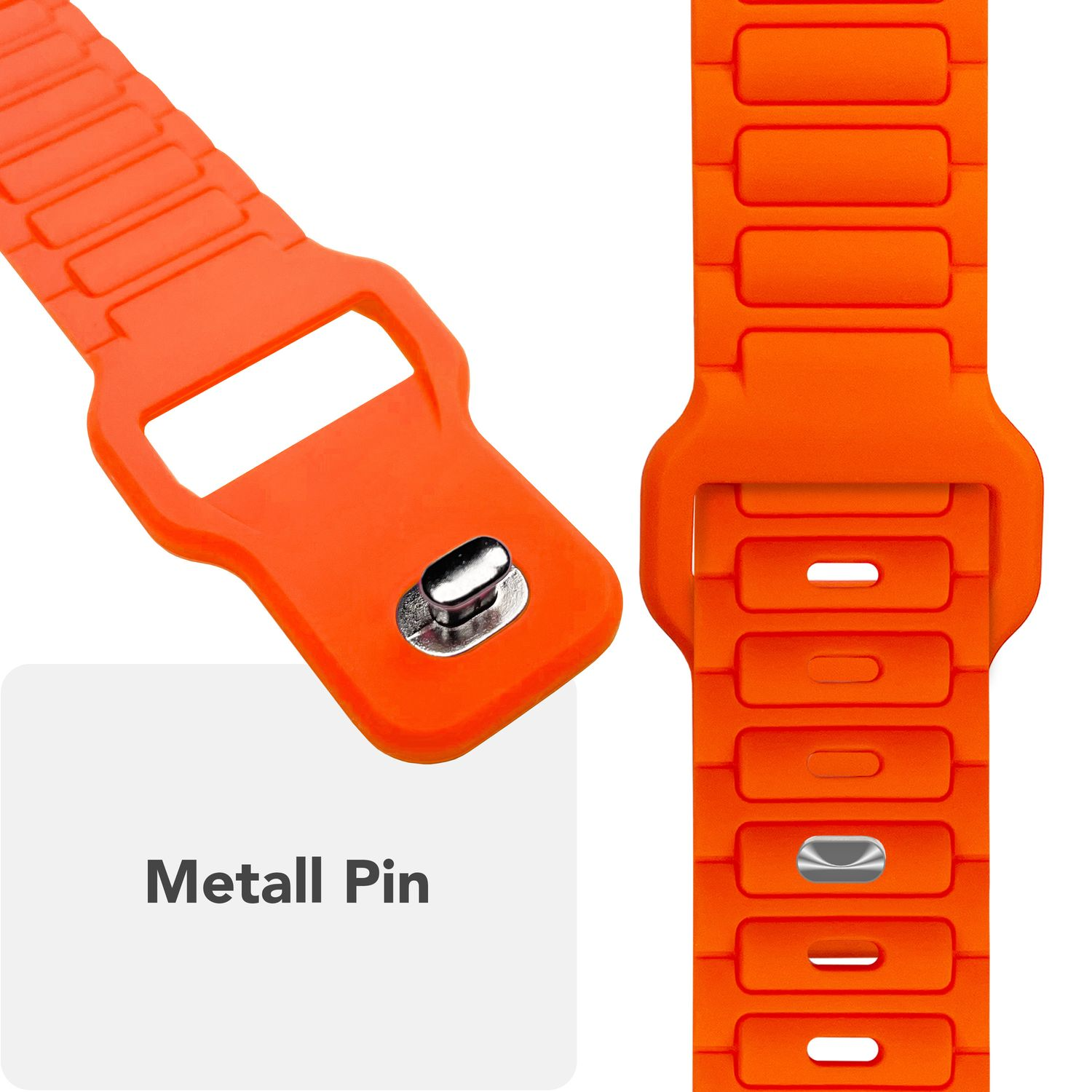 Orangenes Uhrenarmband mit Metallstiftdetail. Nahaufnahme, klar, gut beleuchtet.