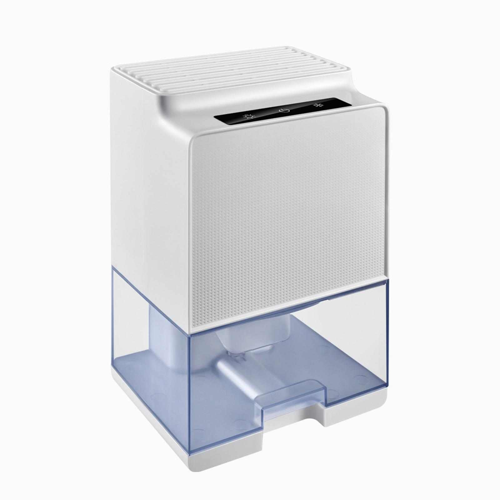 Weiß-blauer Luftentfeuchter; rechteckiges Design mit Bedienfeld und Wassertank.