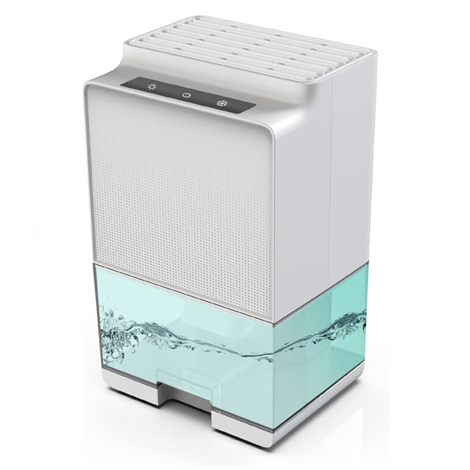 Weiß-blauer Luftentfeuchter; Wasser im Tank sichtbar, klares Design.