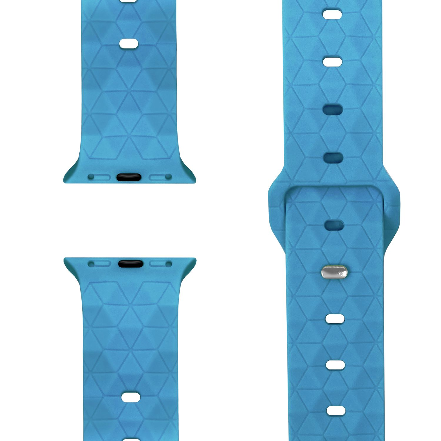 Blaues Uhrenarmband mit geometrischem Muster. Drei Teile des Armbands sind im Bild zu sehen.
