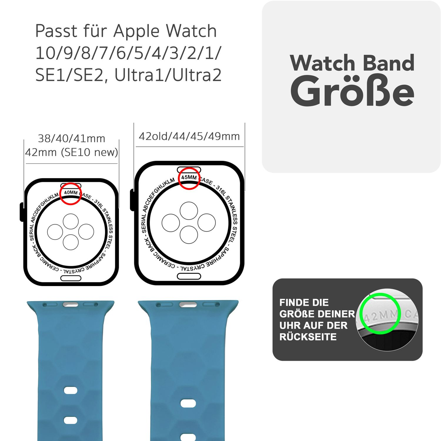 Armbandgrößen-Leitfaden. Blaue Armbänder und Abmessungen werden angezeigt. Text: Armbandgröße.
