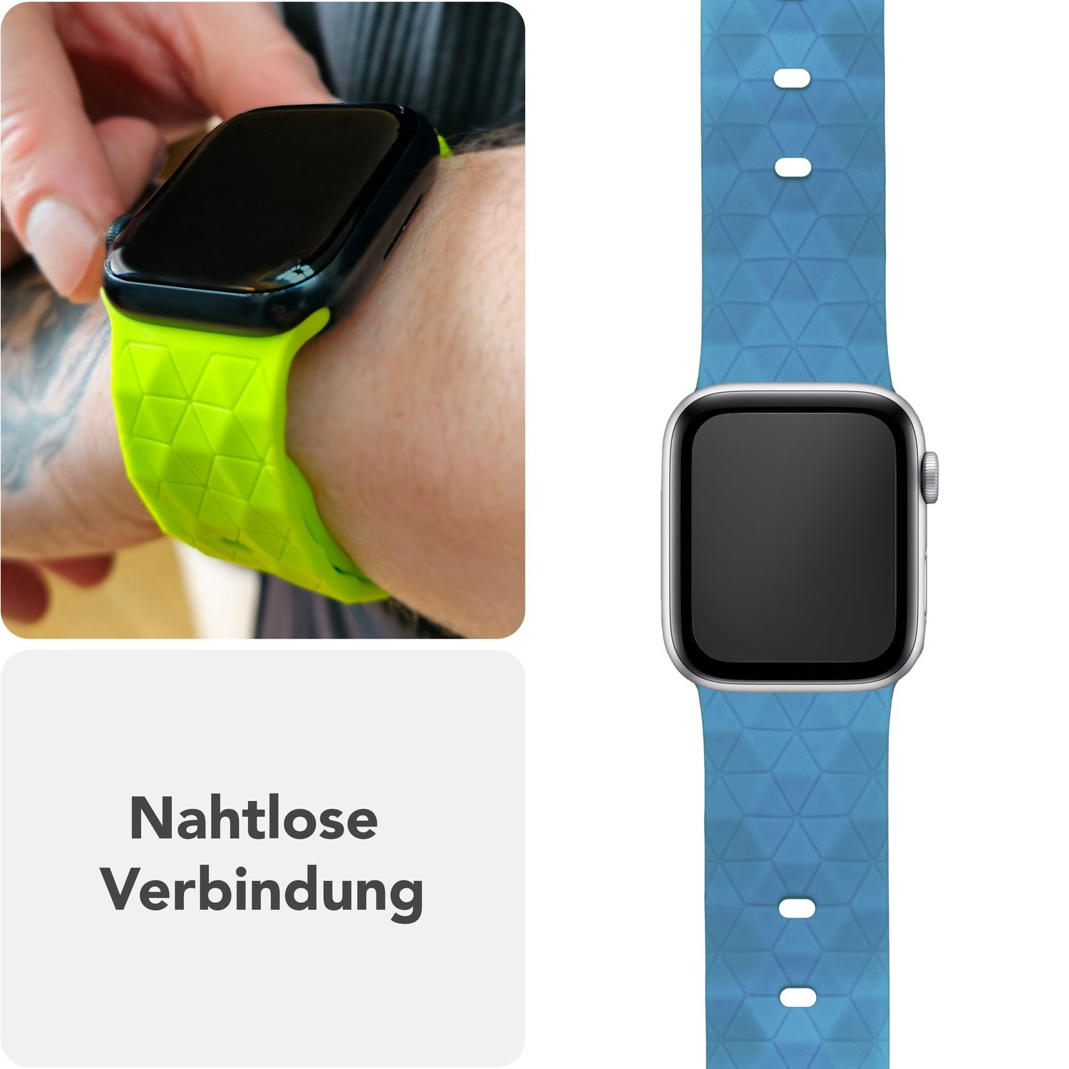 Person trägt Uhr mit neongrünem Armband und eine mit blauem Armband. Text: 'Nahtlose Verbindung'.