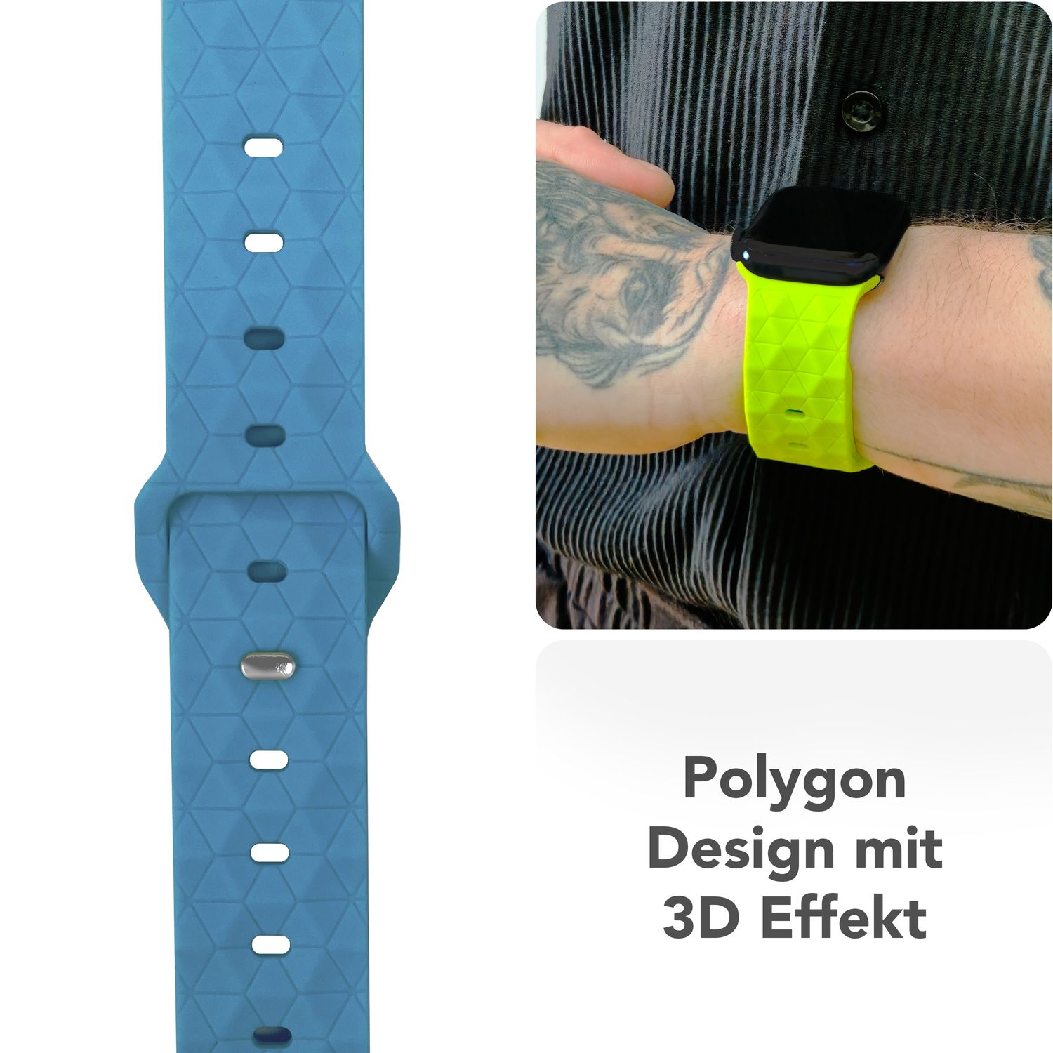 Blaues Uhrenarmband mit geometrischem Design und ein Handgelenk mit neon-grünem Armband.