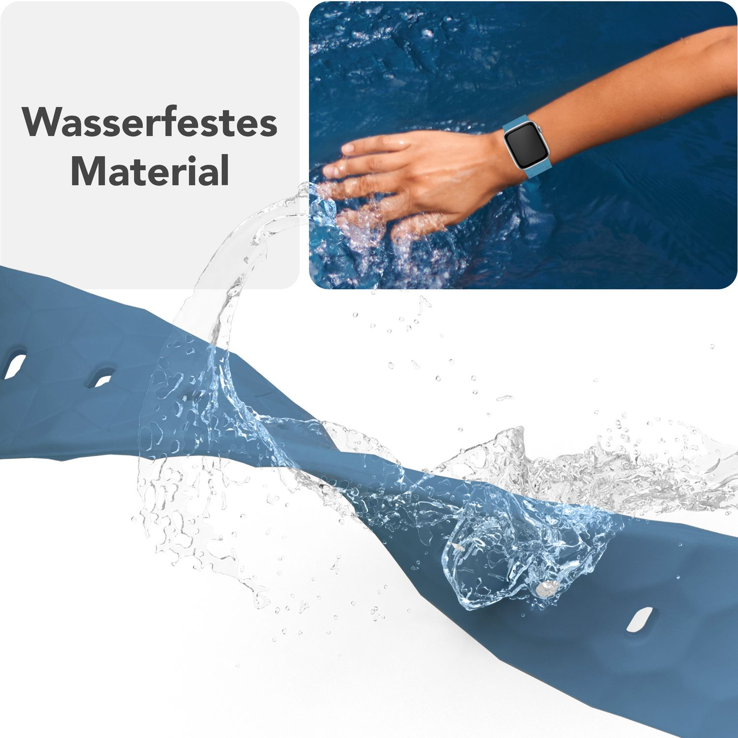 Blaues Uhrenarmband mit Wasserspritzern. Text: Wasserfestes Material. Hand trägt Uhr.