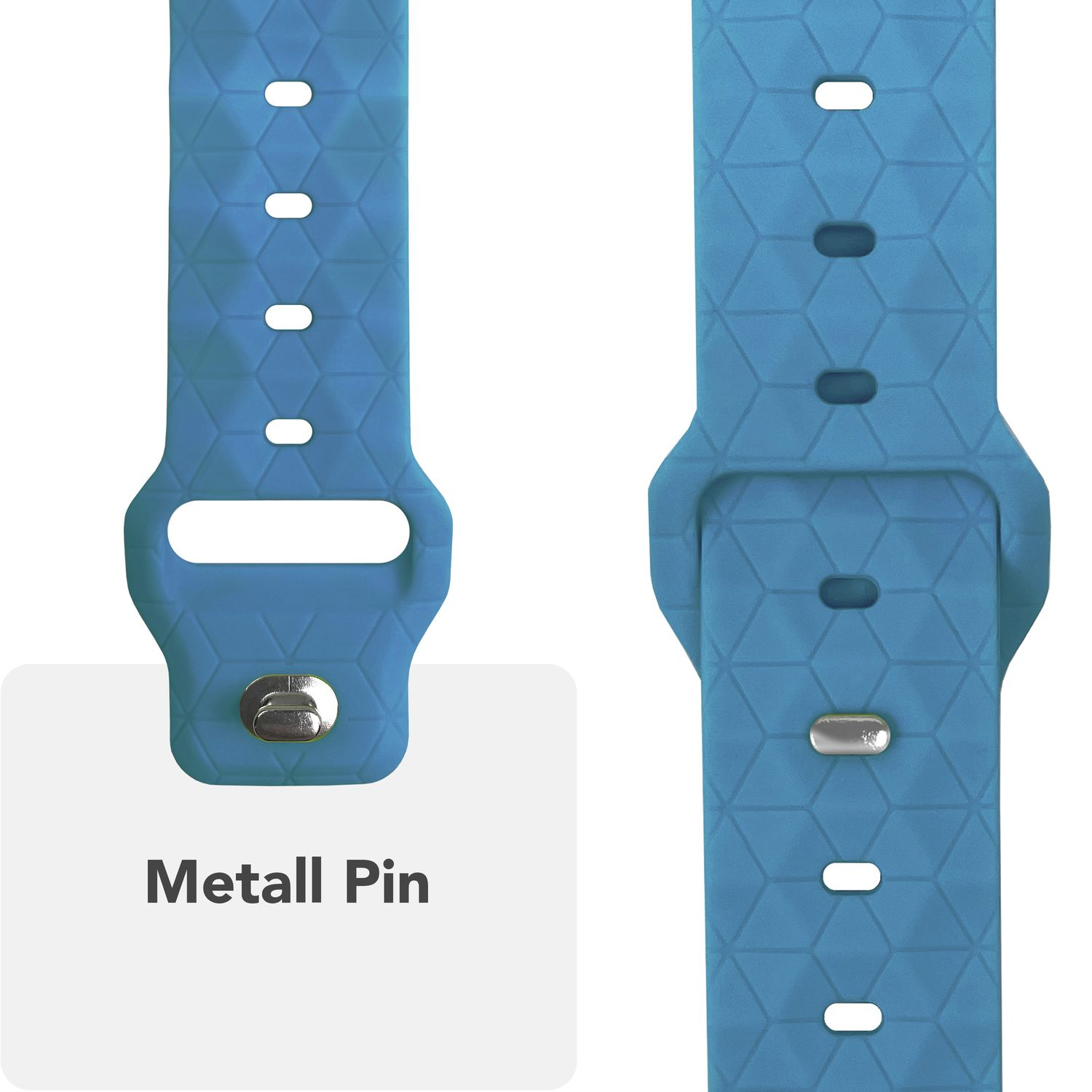 Blaues Uhrenarmband mit Metallstift. Klares Bild. Nahaufnahme.