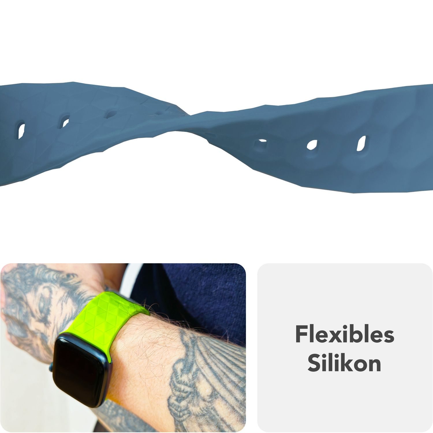 Grünes Uhrenarmband gezeigt. Nahaufnahme eines gekrümmten Abschnitts des Armbands. Text: Flexibles Silikon.