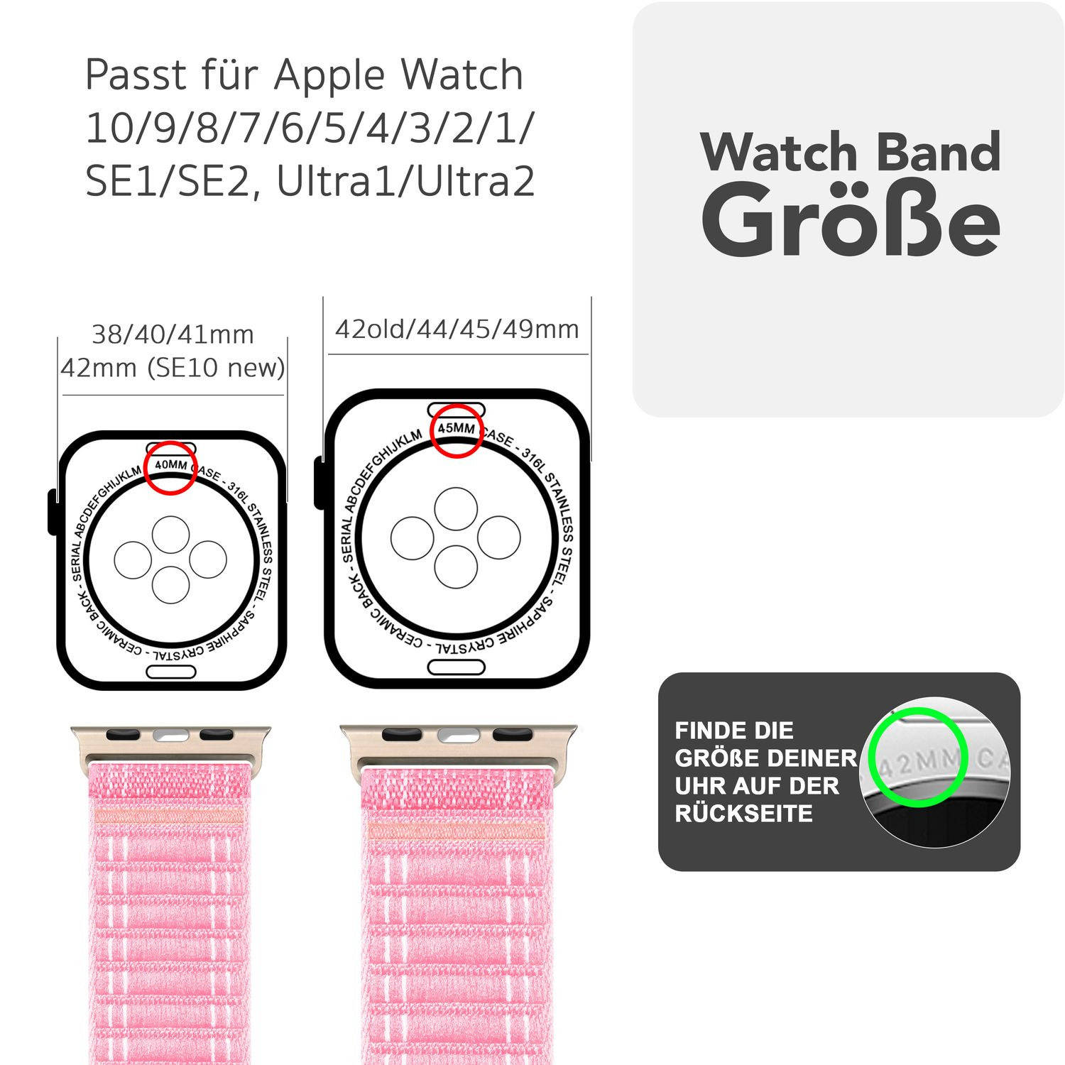 Diagramm mit Armbandgrößen für Apple Watch-Modelle, einschließlich Maße und Beschriftungen.