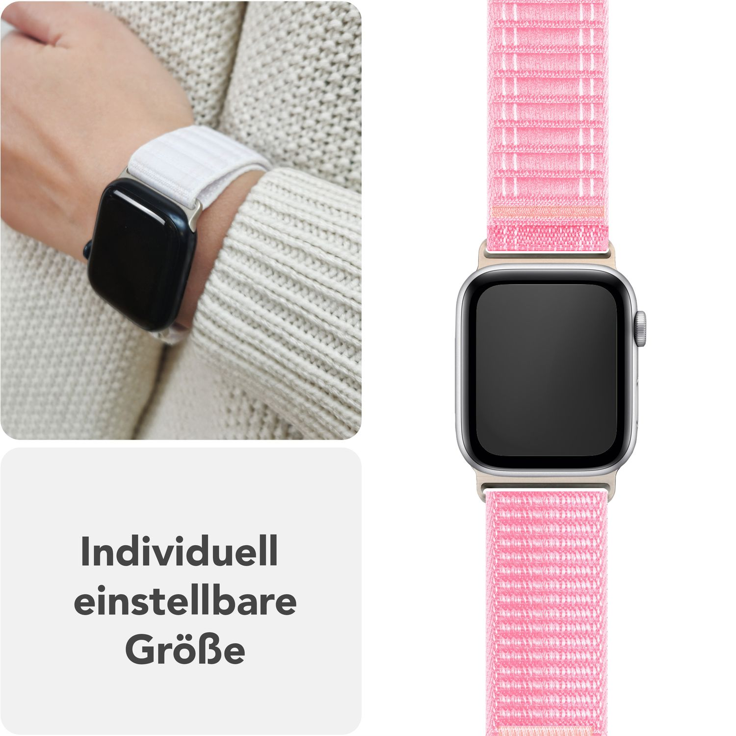 Bild zeigt ein weißes Uhrenarmband am Handgelenk und ein rosa Armband. Text: Individuell einstellbare Größe.