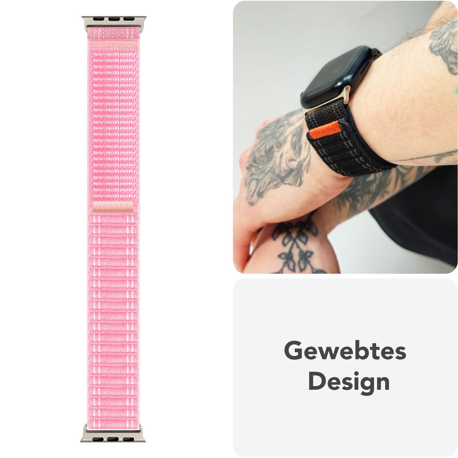 Rosa Uhrenarmband neben Arm einer Person mit schwarzem Armband.