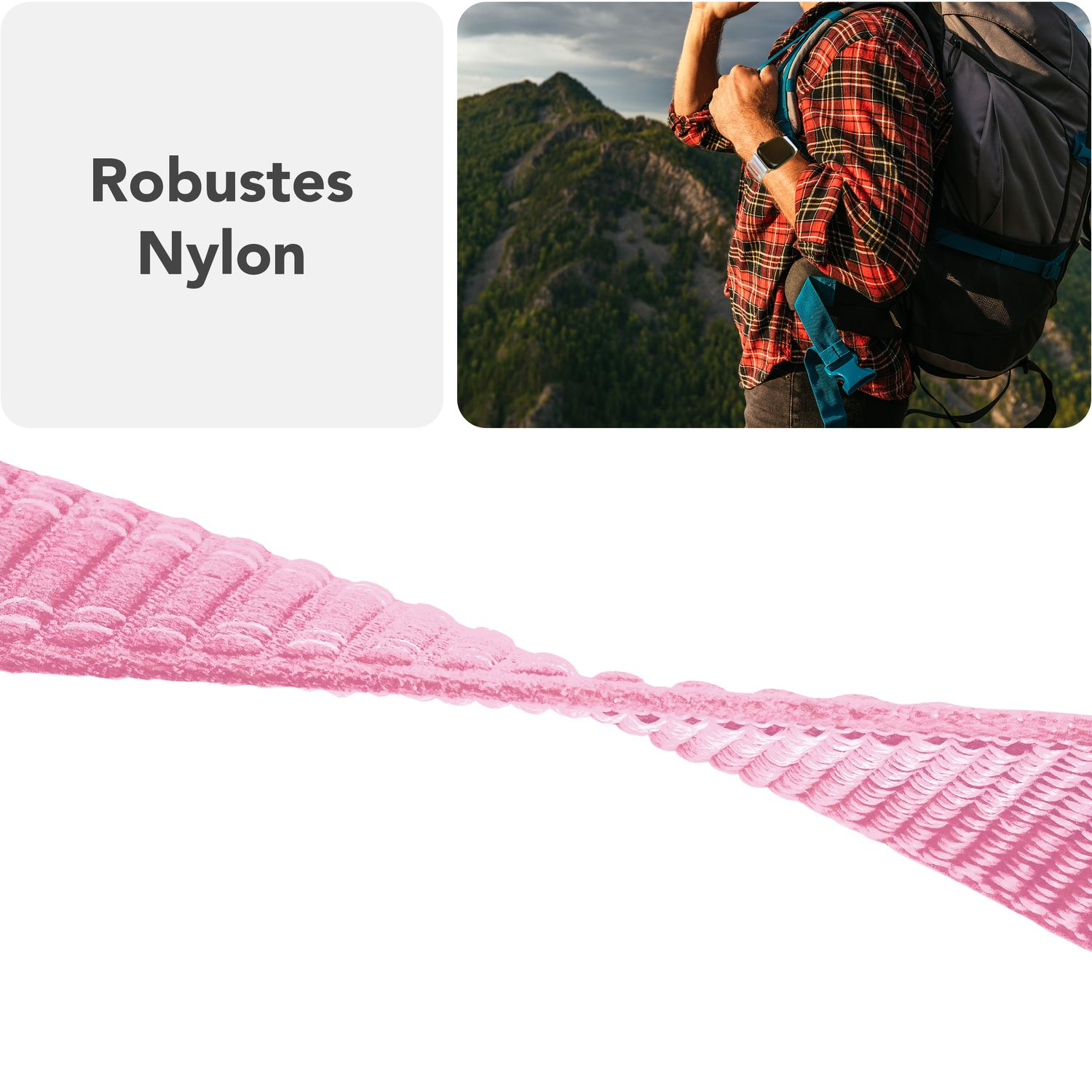 Rosa Uhrenarmband, Nahaufnahme und am Handgelenk im Hintergrund. Text: Robustes Nylon.