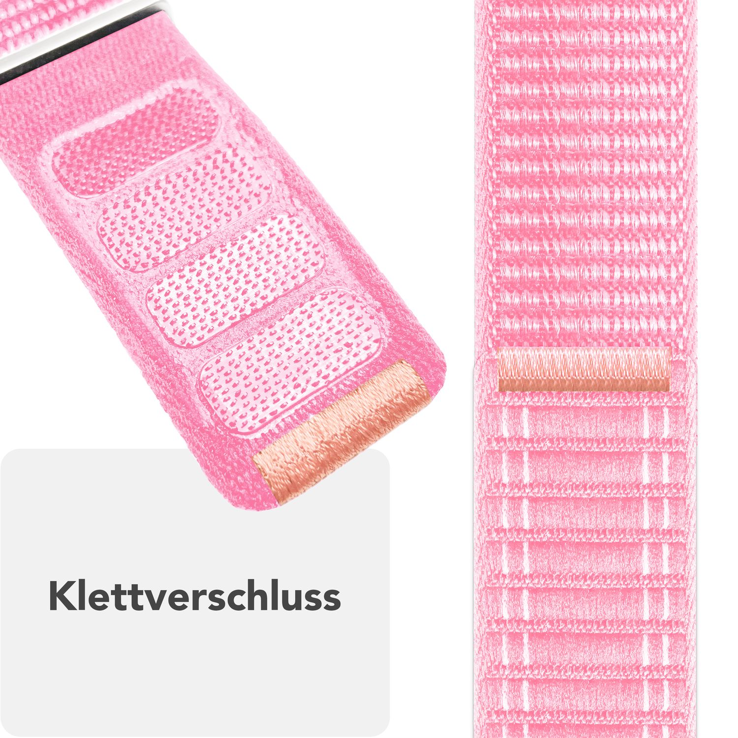 Nahaufnahme von rosafarbenen Uhrenarmbandteilen. Klettverschluss mit Text: Klettverschluss.